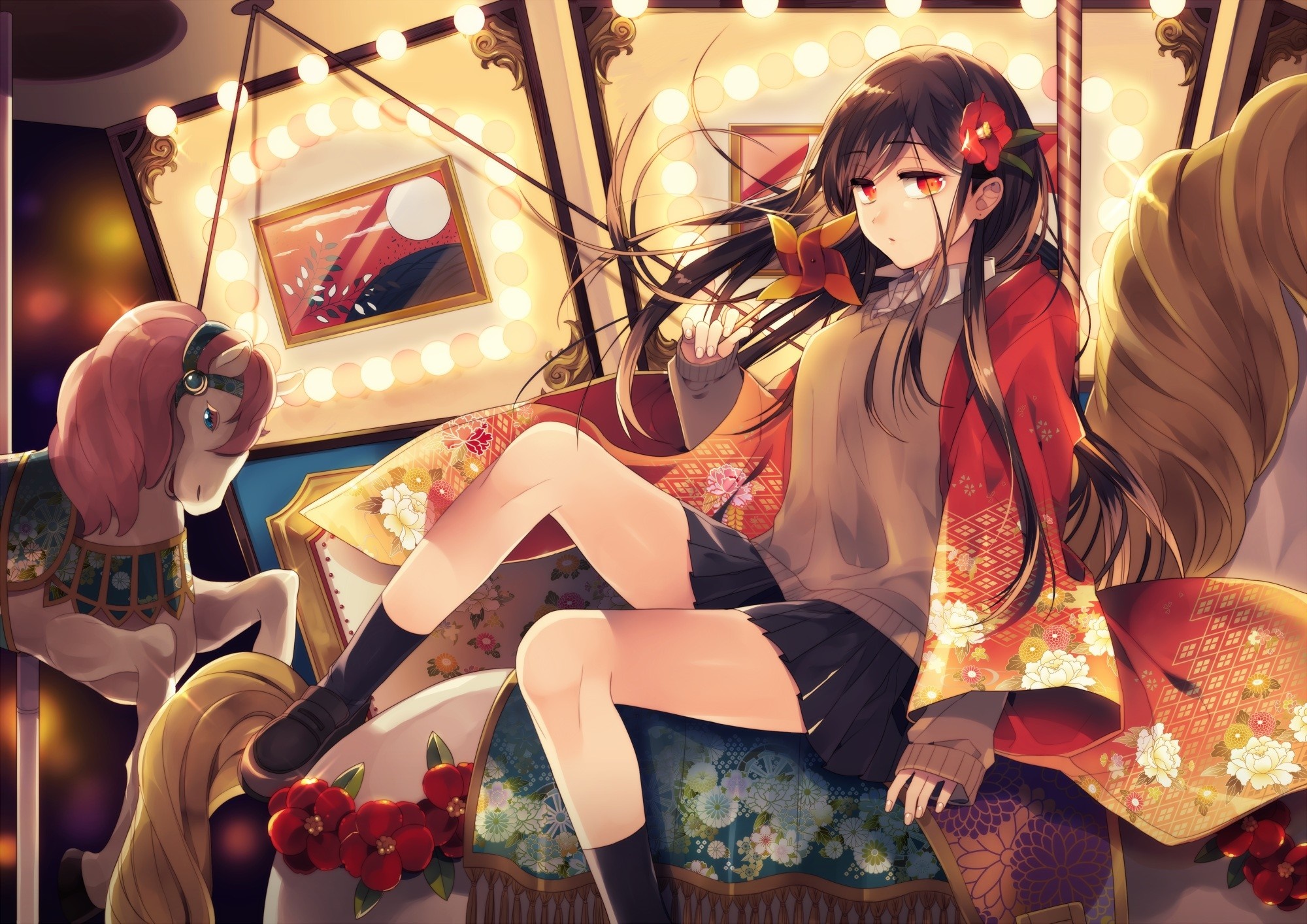 Anime girl with red flower in hair on carousel HD Wallpaper