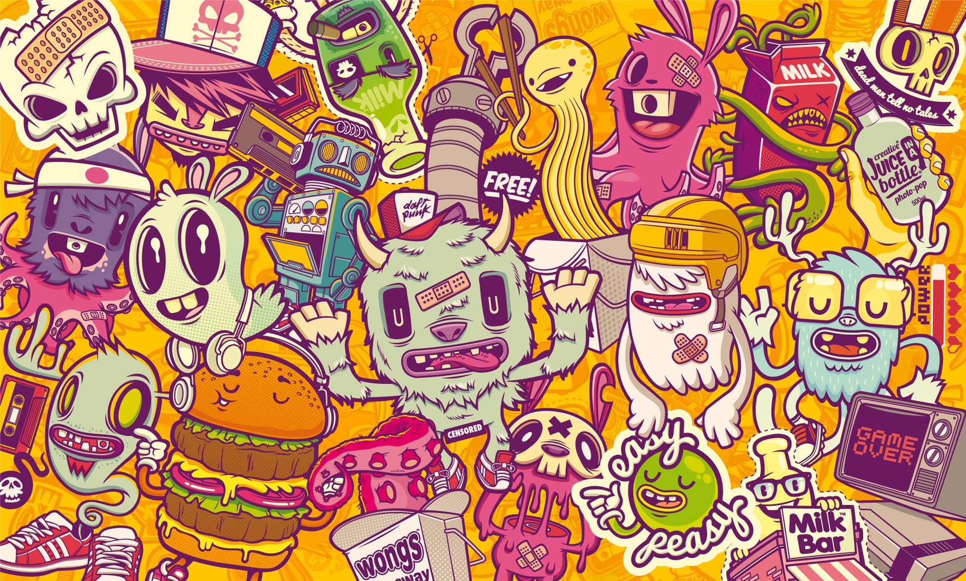 Cartoon monsters and objects collage HD Wallpaper
