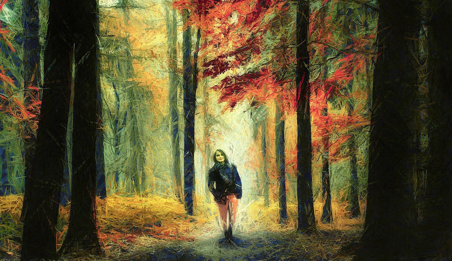 Woman walking in a sunlit autumn forest HD Wallpaper
