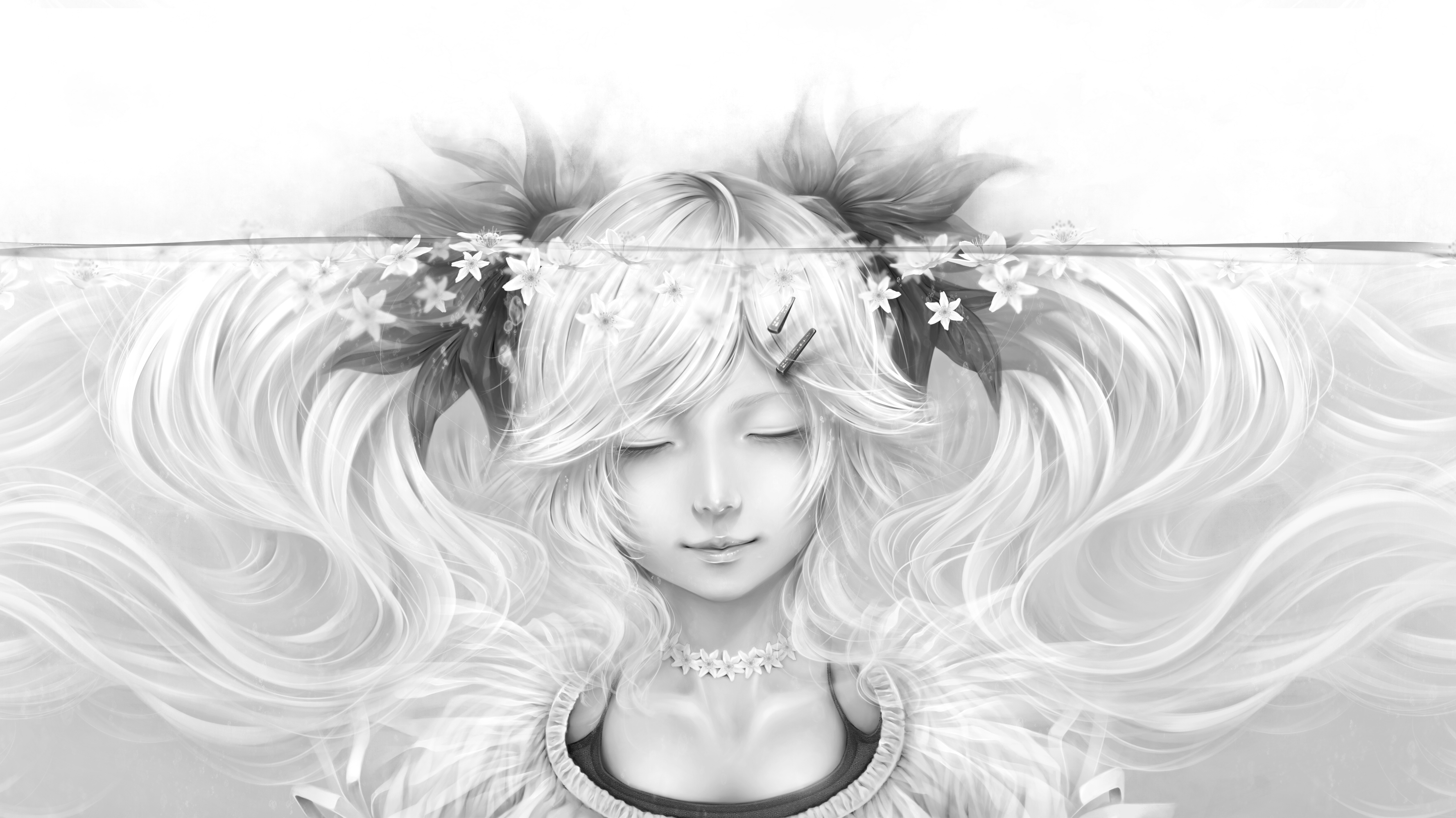 Monochrome illustration of an anime girl with flowers HD Wallpaper