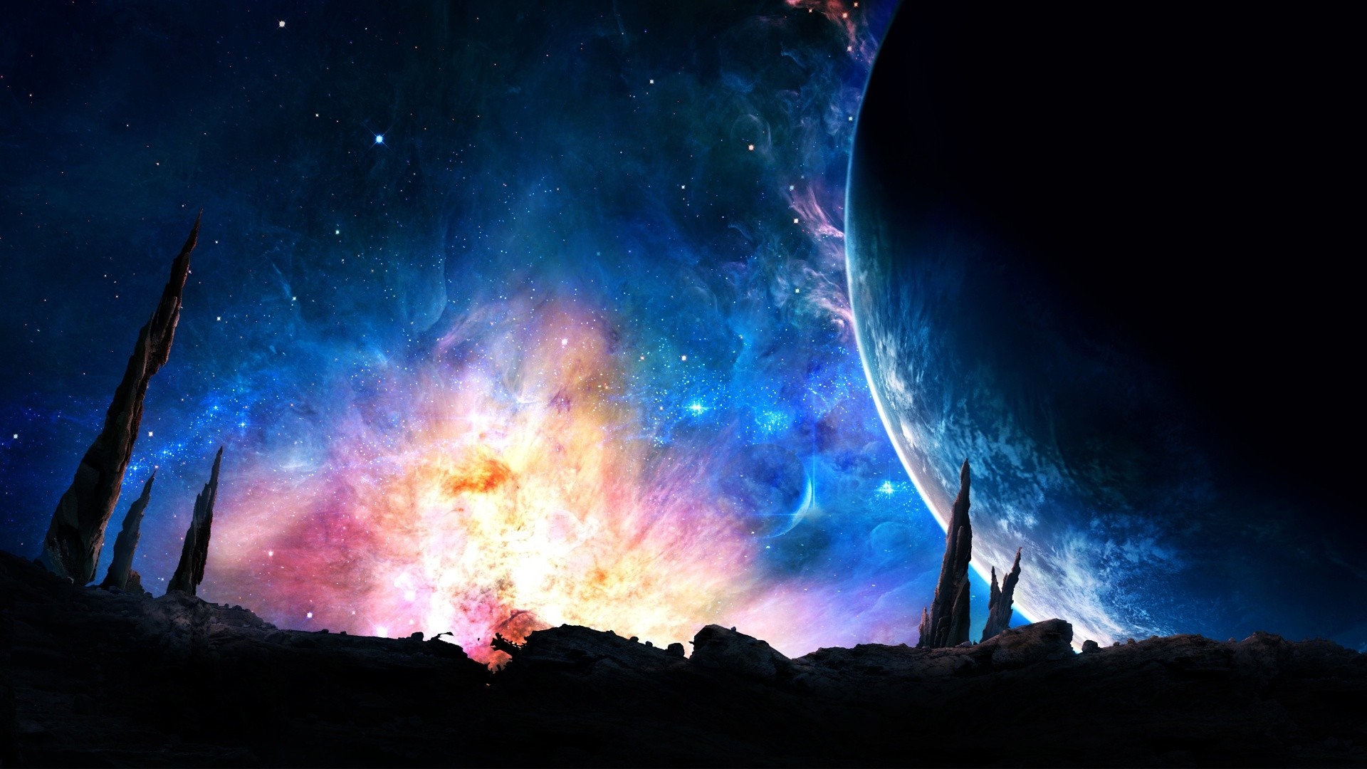 Alien planet with nebula and gas giant HD Wallpaper