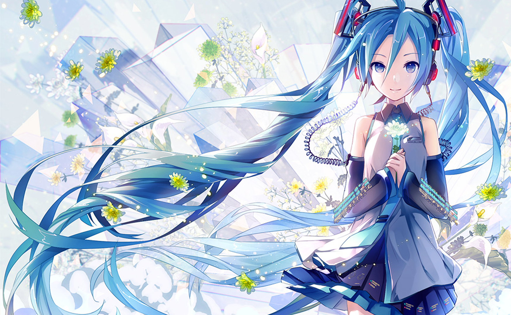 Hatsune Miku with flowers and abstract background HD Wallpaper