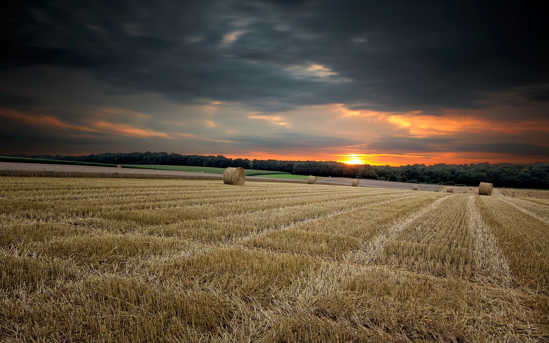 Hay bales in a field at sunset HD Wallpaper