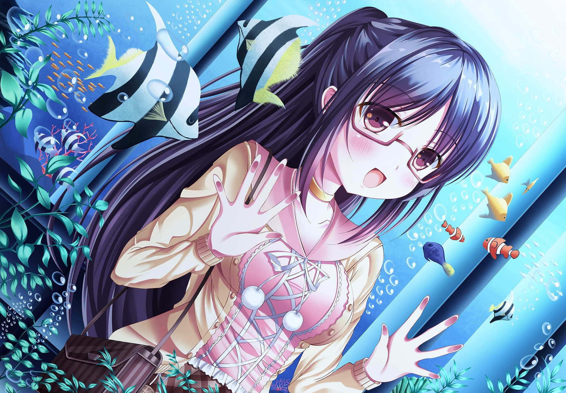 Anime girl with glasses at aquarium HD Wallpaper