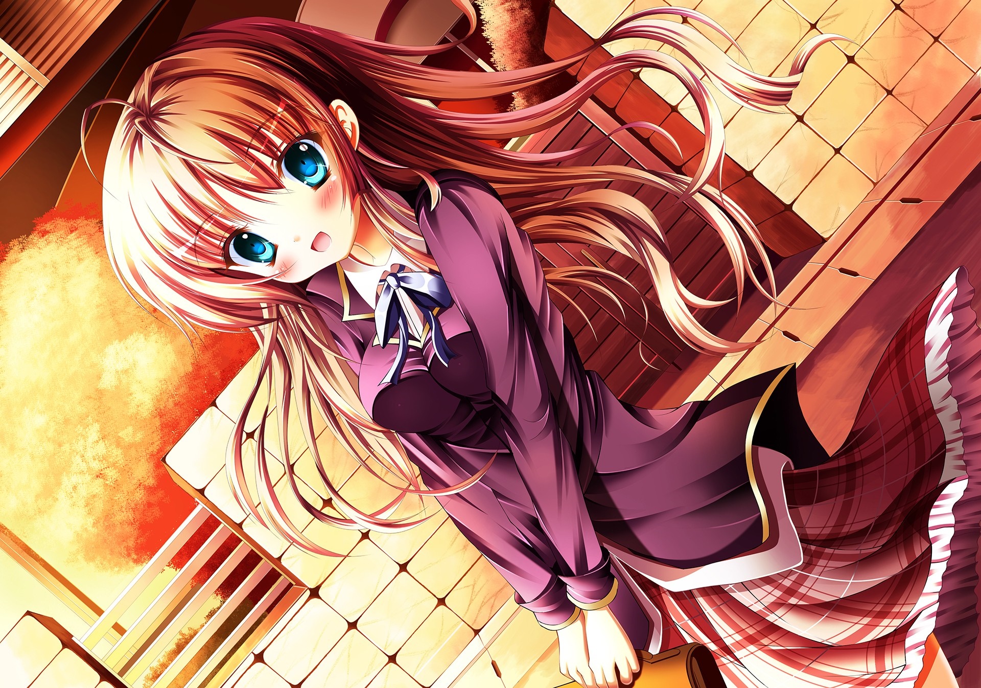 Anime girl with long blonde hair in school uniform HD Wallpaper