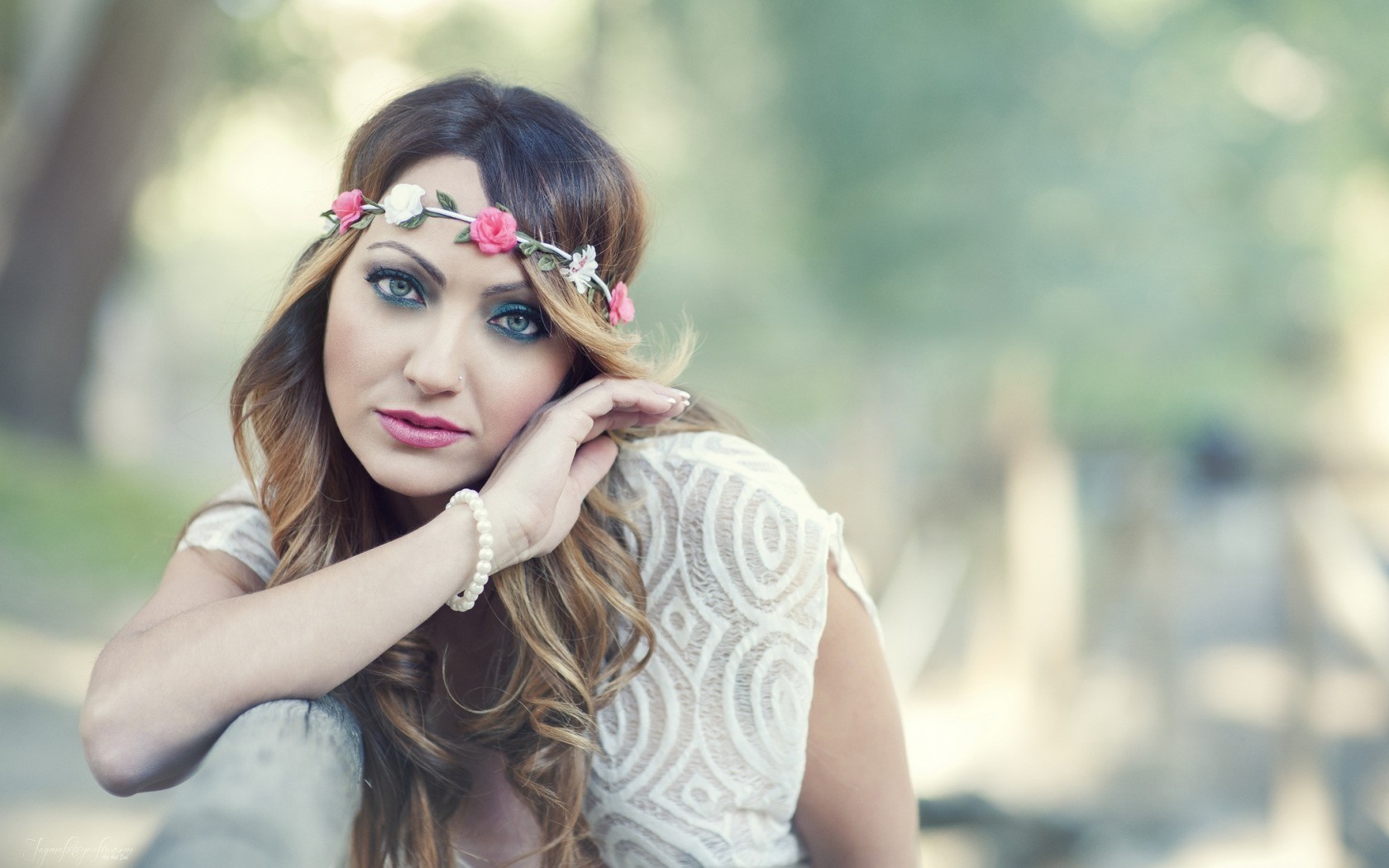 Woman with flower crown and pearl bracelet HD Wallpaper