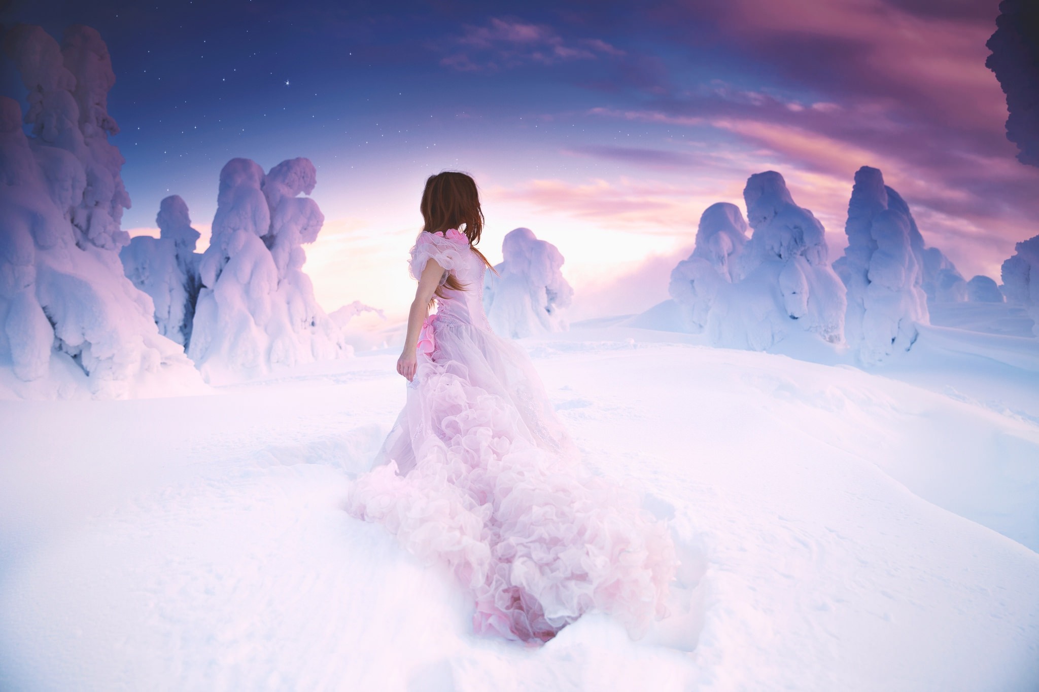 Girl in pink dress in snowy landscape at sunset HD Wallpaper