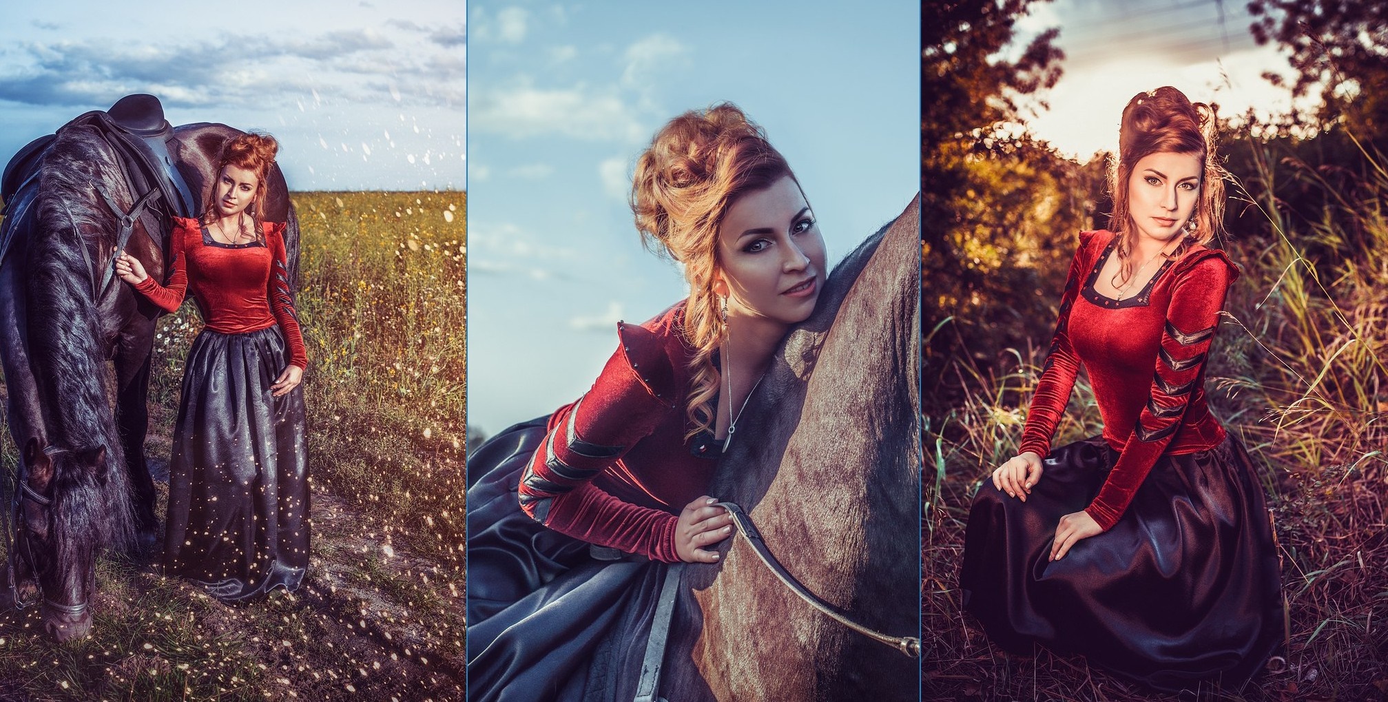 Woman in red dress with horse in field HD Wallpaper