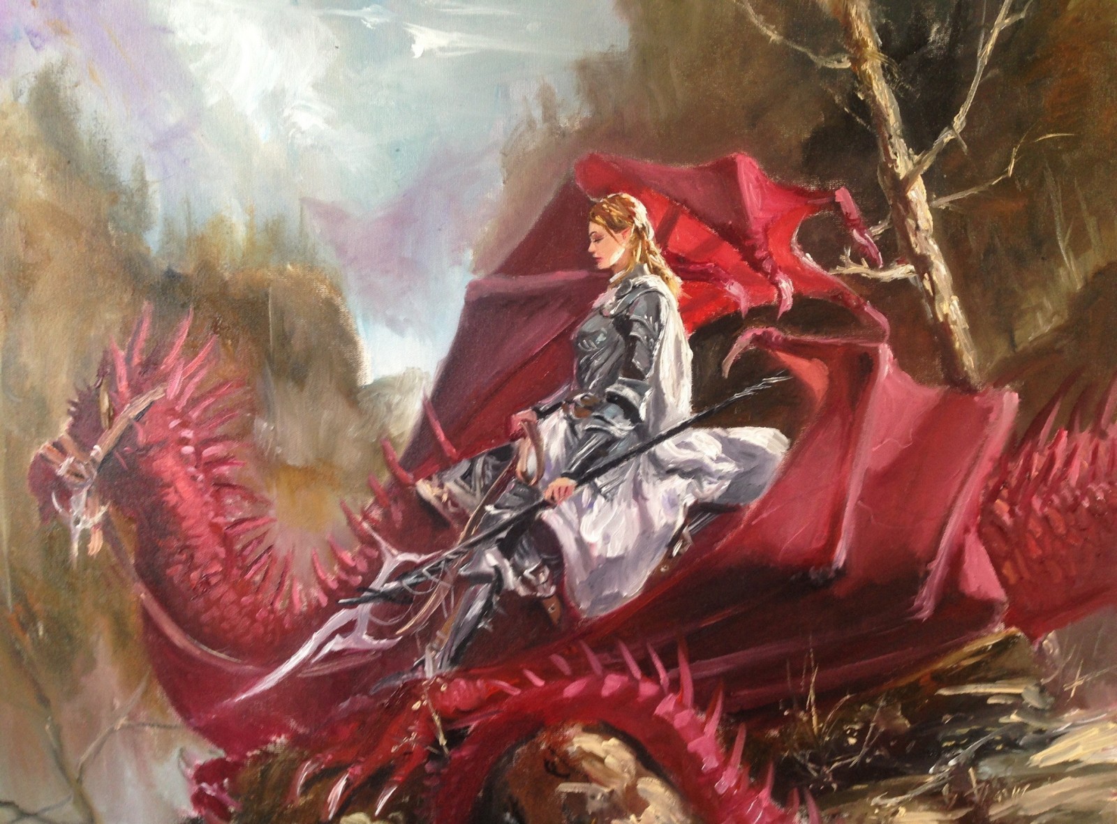 Woman in armor riding a red dragon HD Wallpaper