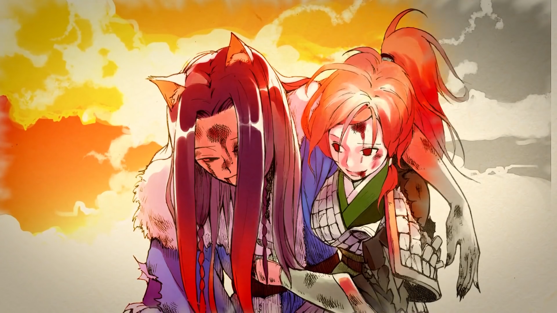 Two injured characters with animal ears in front of a sunset HD Wallpaper