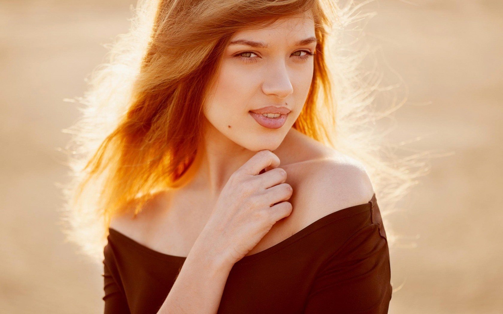 Woman with long auburn hair and mole on face HD Wallpaper