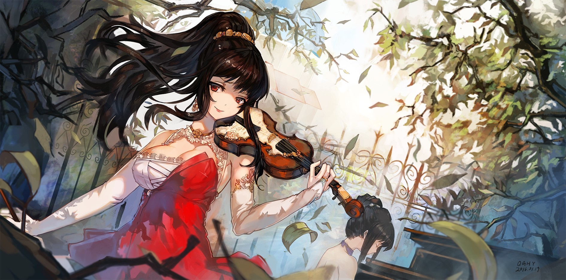 Anime girl in red dress playing violin outdoors HD Wallpaper