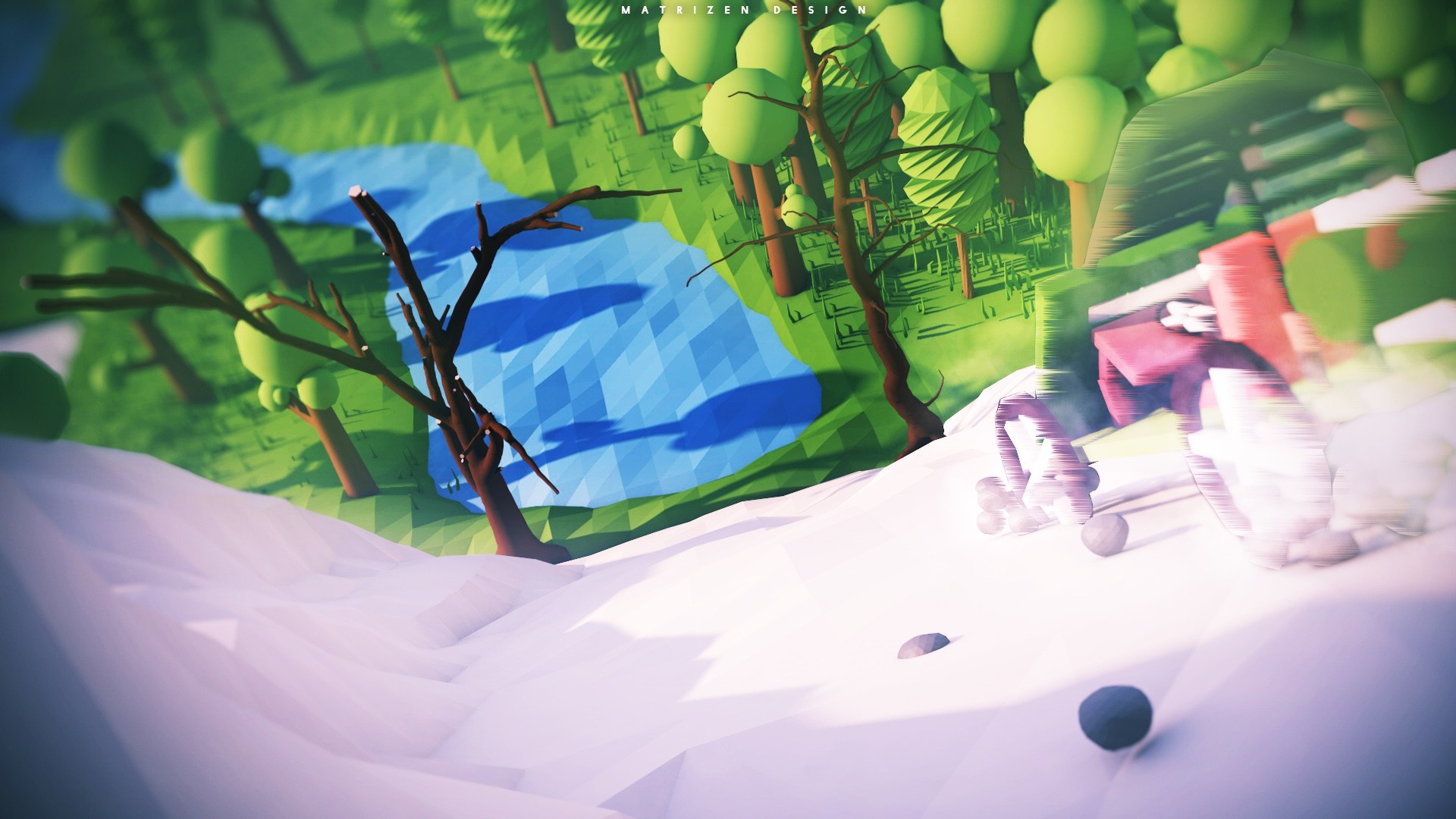 Low poly forest with river and snow-covered ground HD Wallpaper