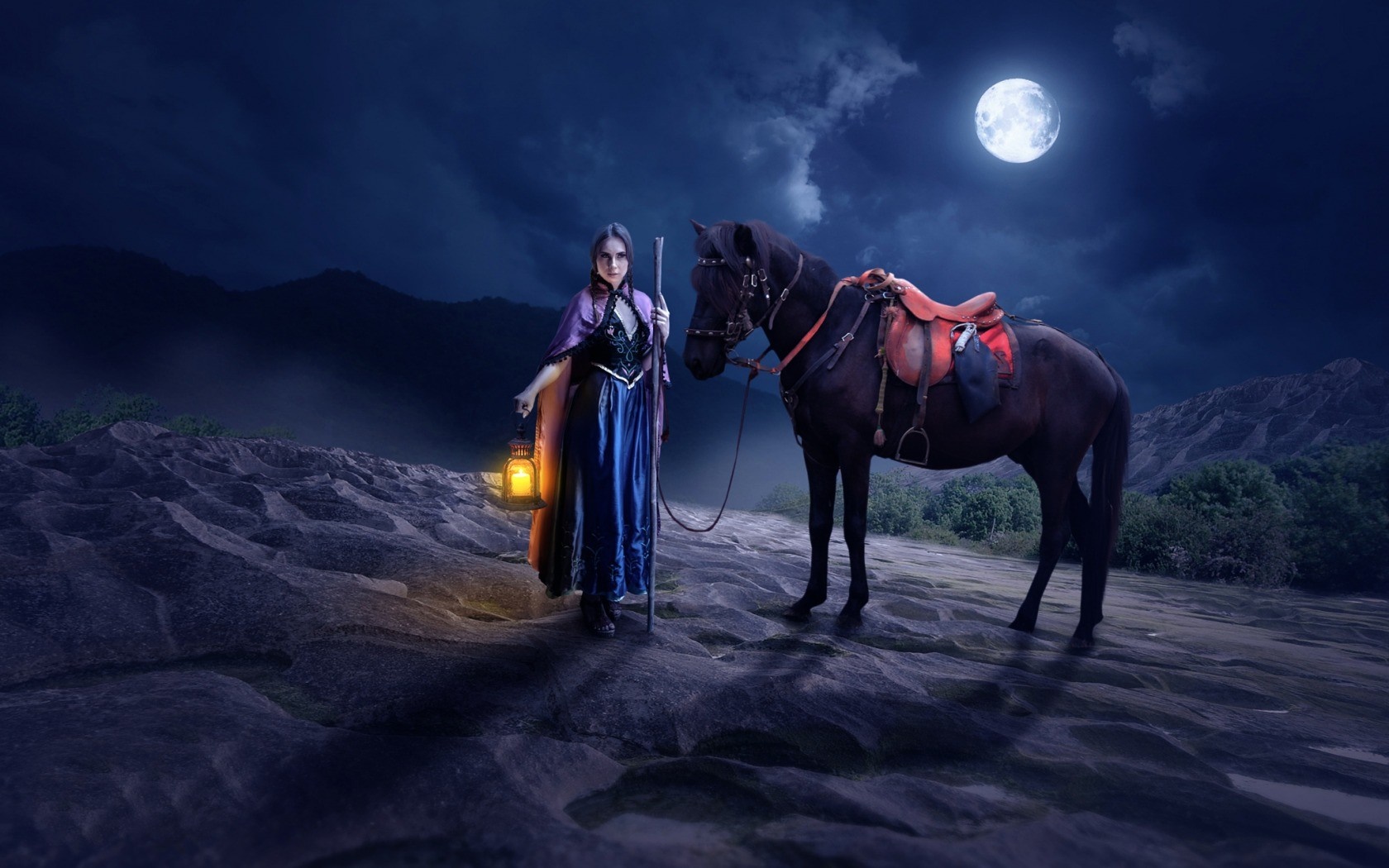Woman with lantern and horse under the moon HD Wallpaper