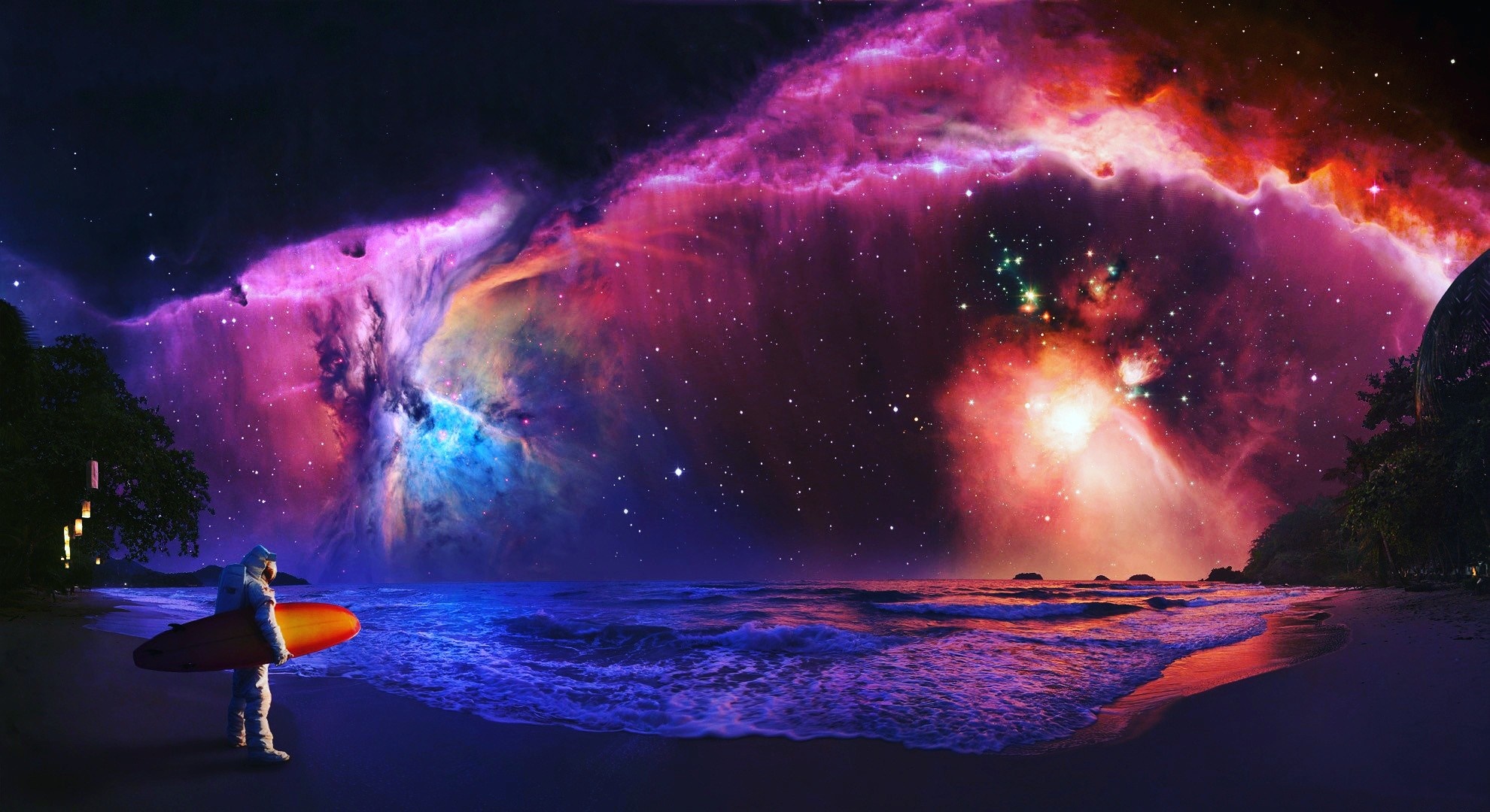 Astronaut with surfboard on beach under nebula HD Wallpaper