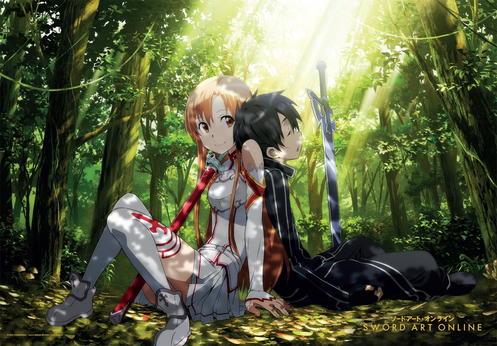Asuna and Kirito from Sword Art Online in a forest HD Wallpaper
