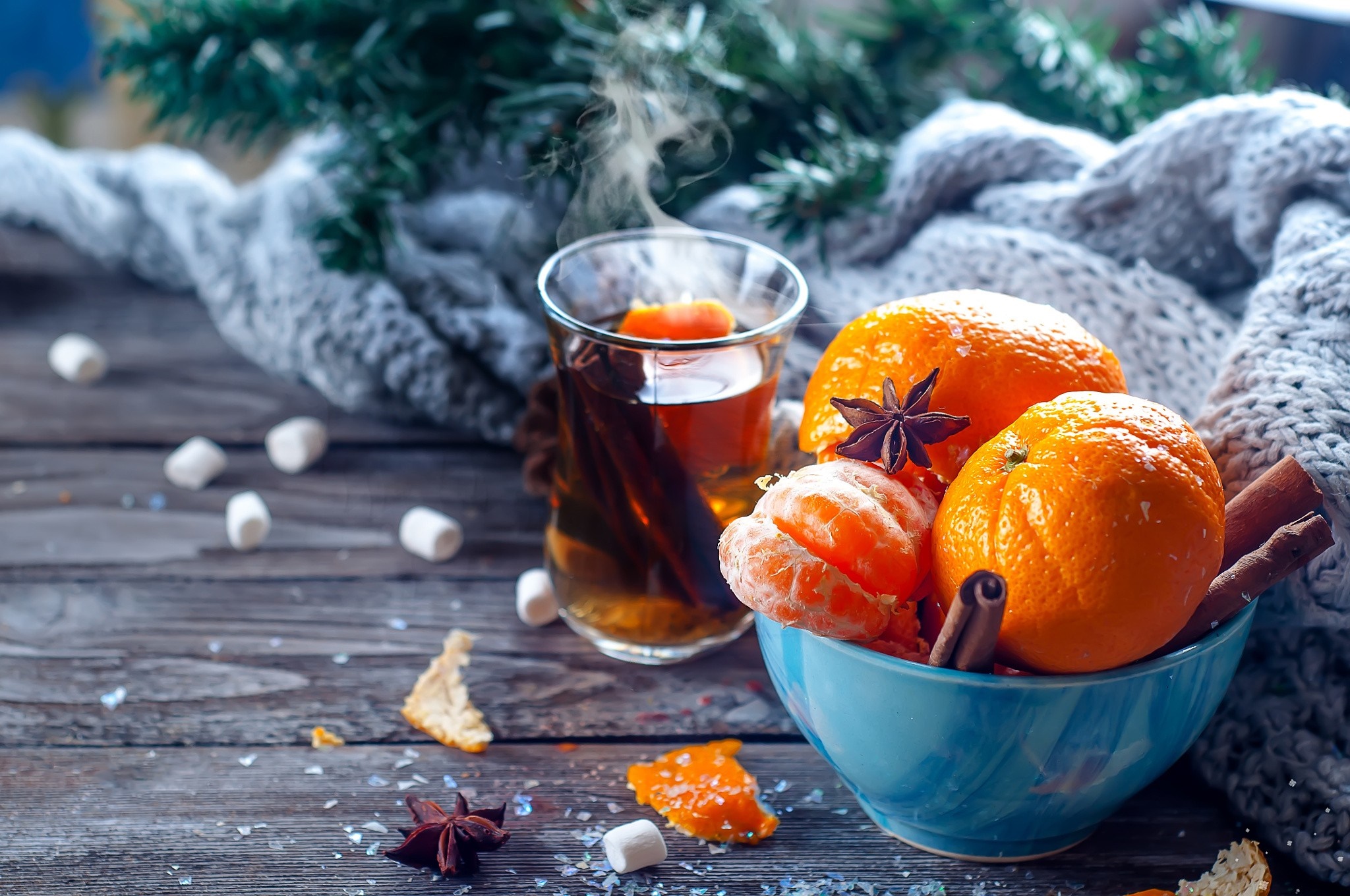 Hot drink with oranges, cinnamon, and star anise HD Wallpaper