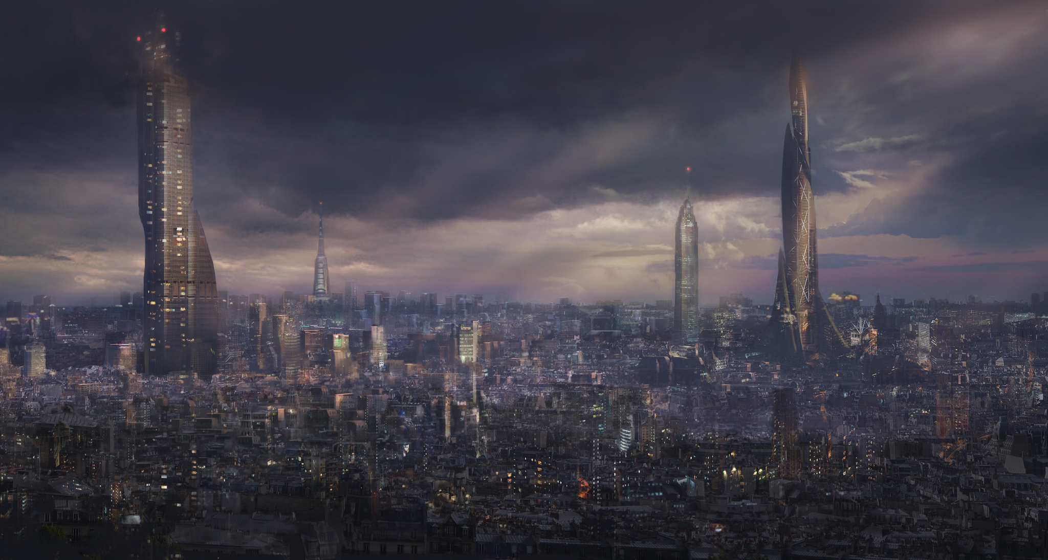Futuristic cityscape at dusk with towering skyscrapers HD Wallpaper