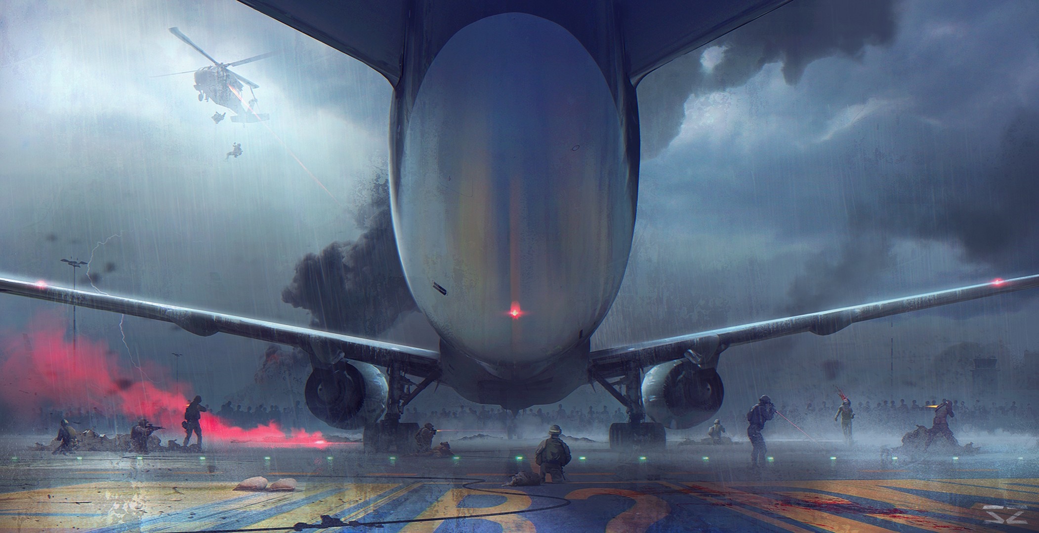 Airplane on tarmac during storm with military personnel HD Wallpaper