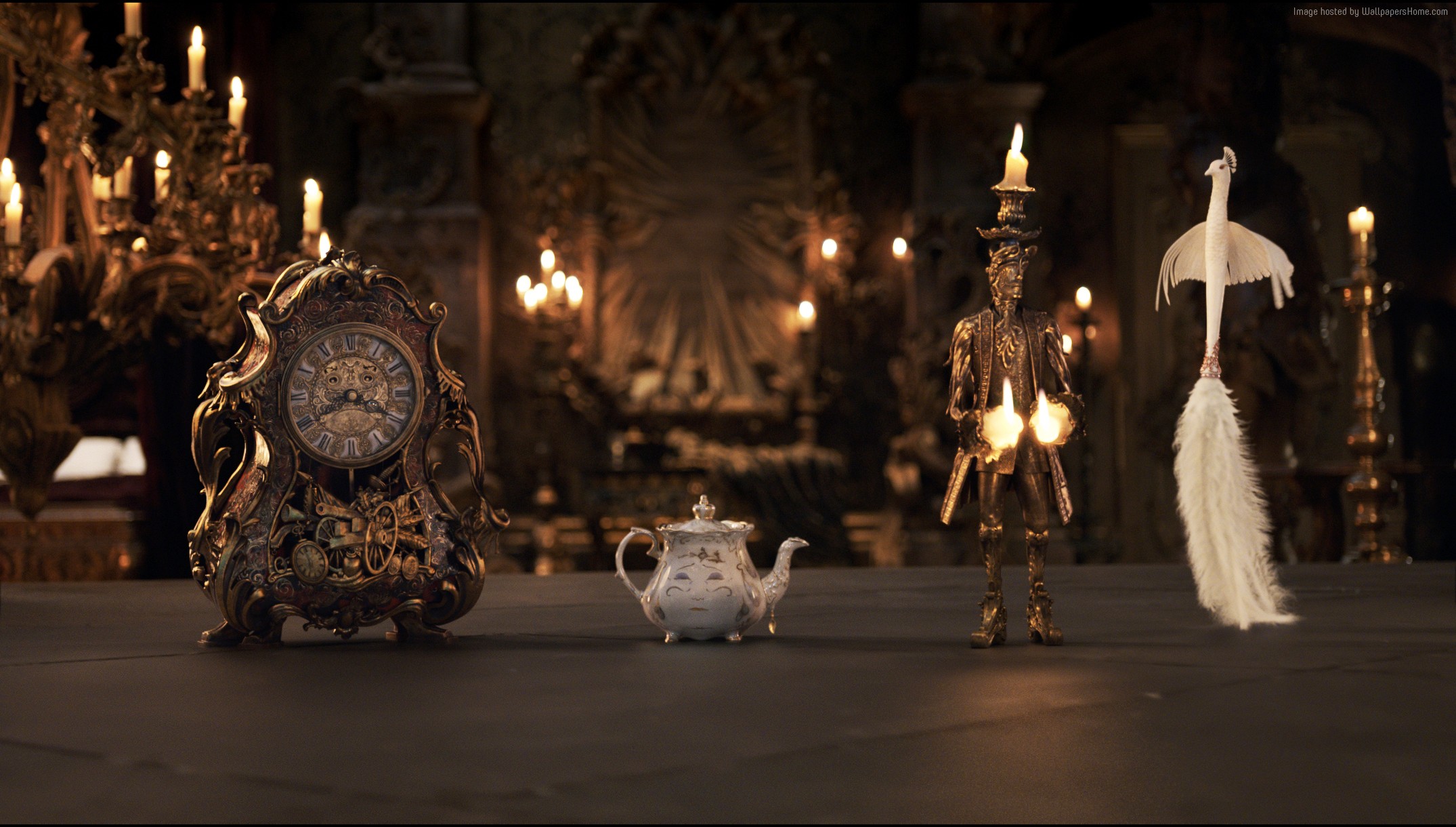 Cogsworth, Mrs. Potts, Lumiere, and Plumette from Beauty and the Beast HD Wallpaper