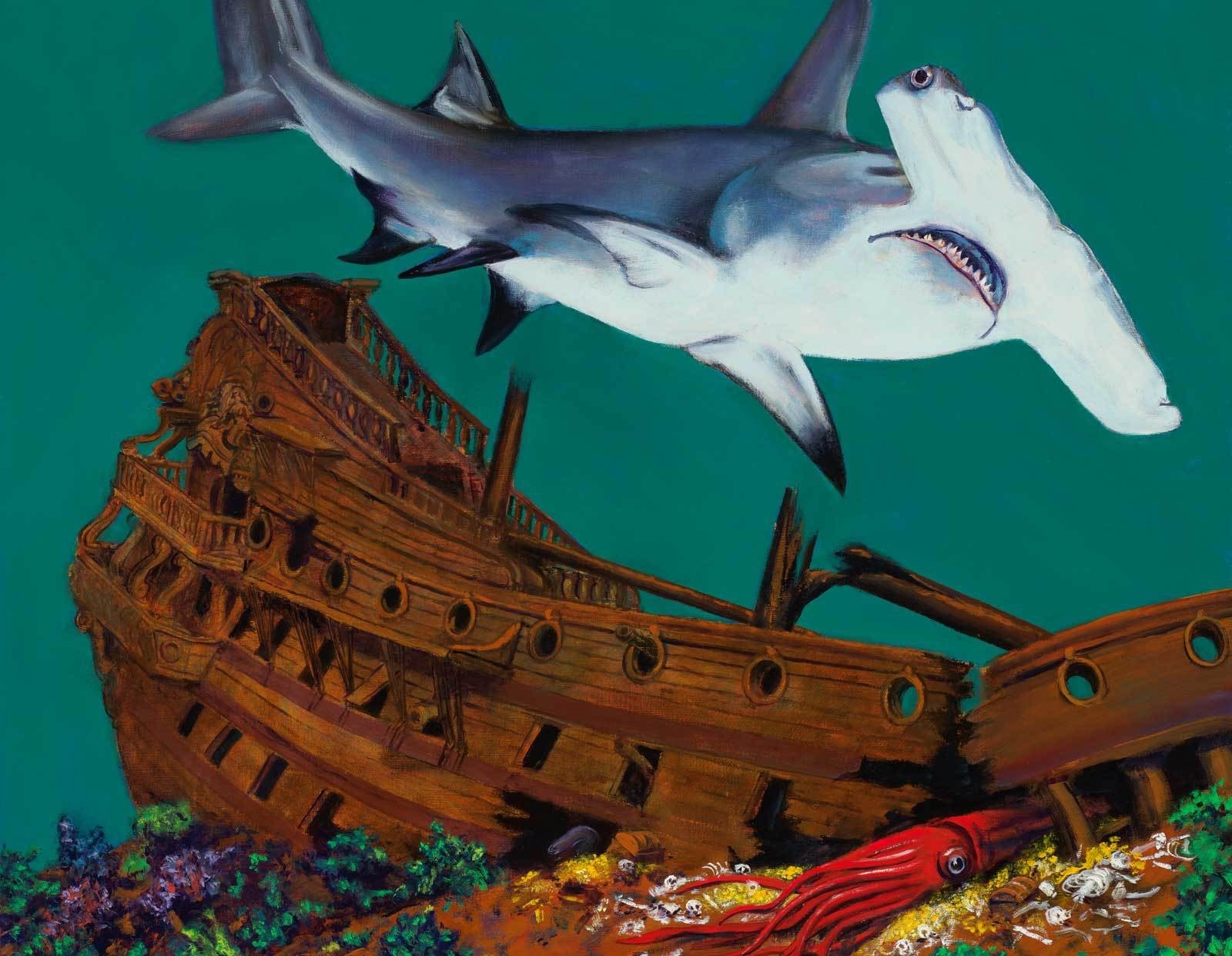 Hammerhead shark swims over a sunken pirate ship with a squid HD Wallpaper