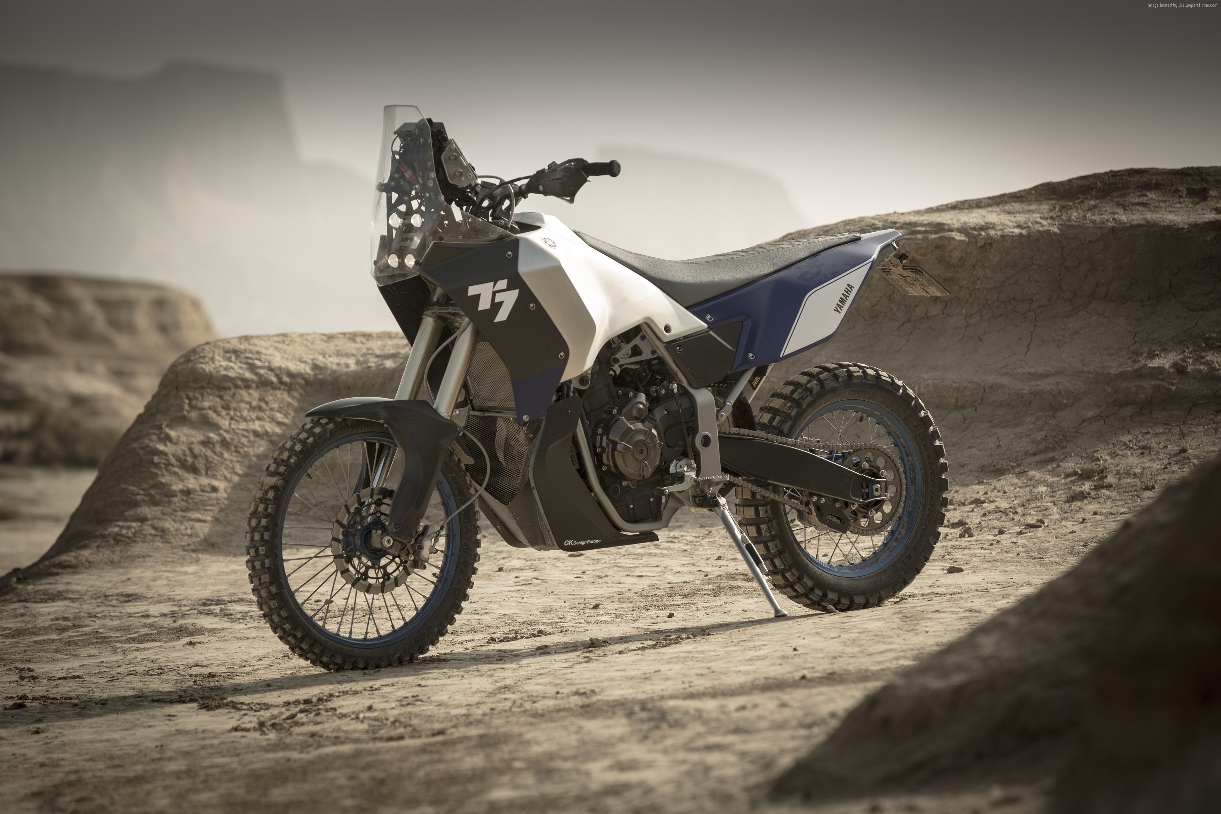 Yamaha T7 motorcycle in a desert landscape HD Wallpaper