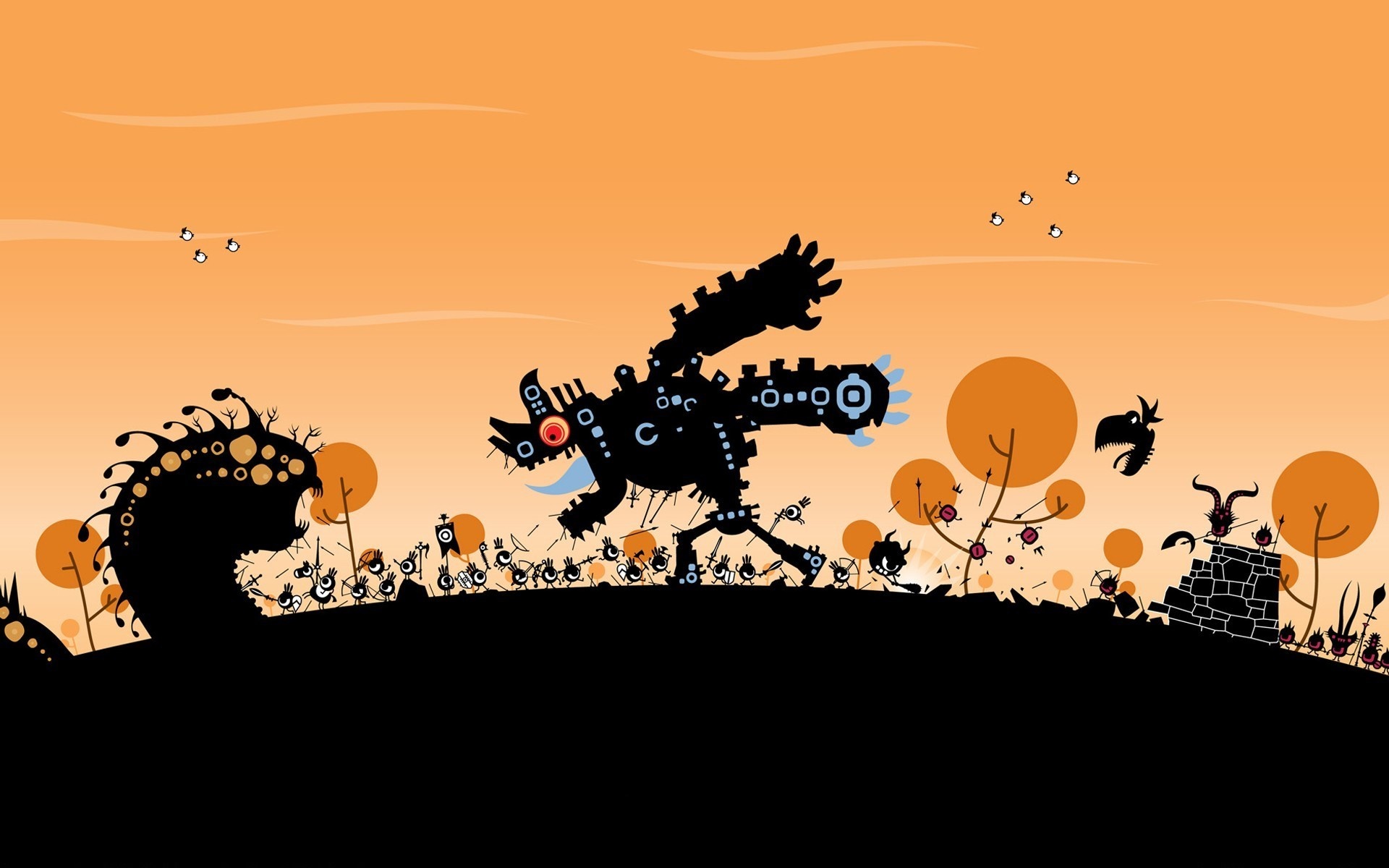 Patapon illustration with cartoon monsters and robots HD Wallpaper