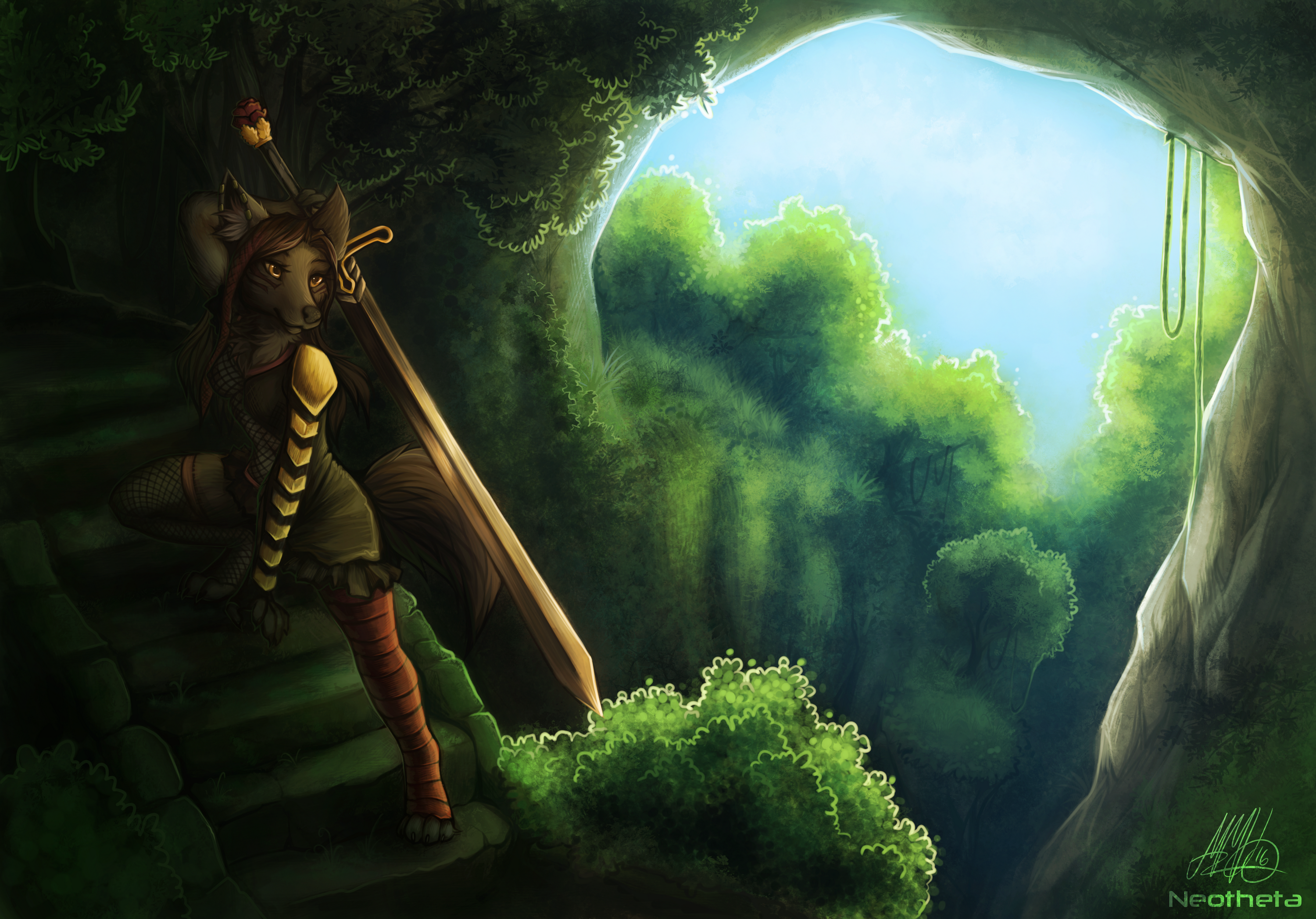 Furry warrior with sword in a jungle cave HD Wallpaper