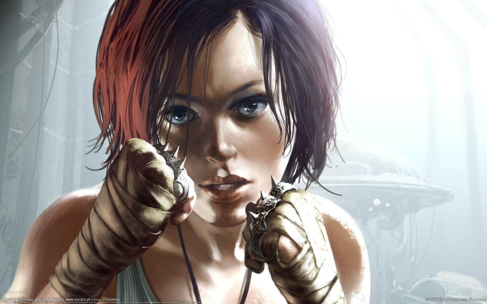 Artwork of a woman with spiked gloves HD Wallpaper