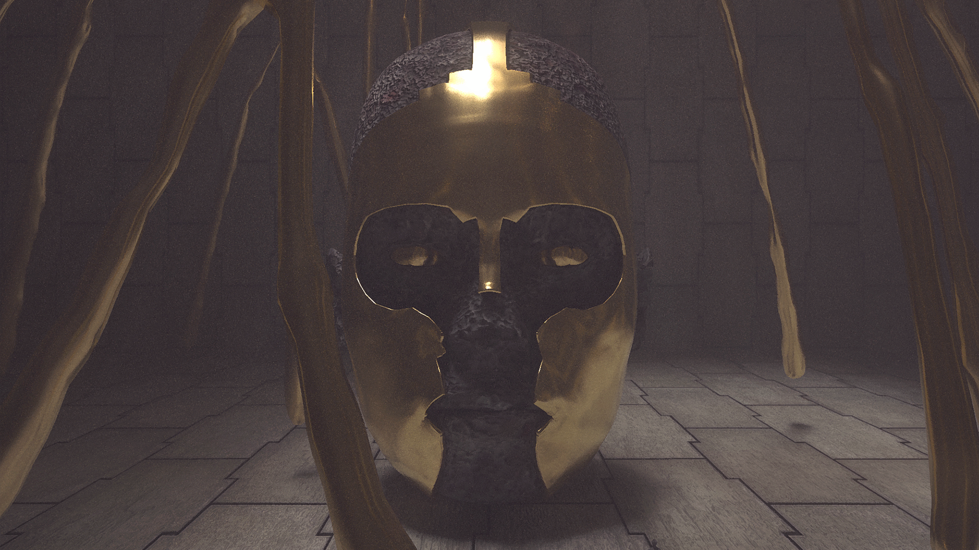 Golden mask in a dark temple with hanging vines HD Wallpaper
