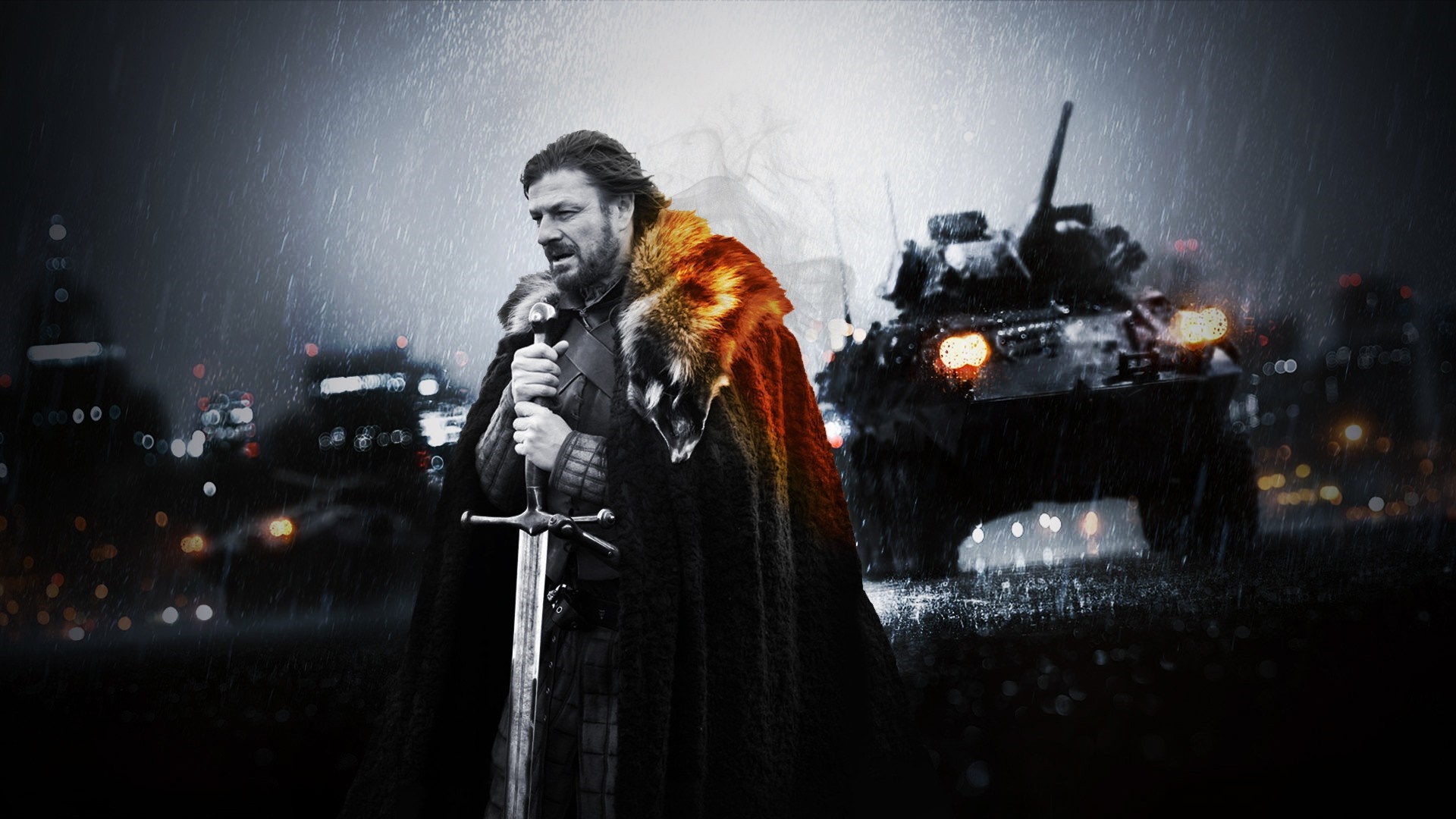 Ned Stark with a tank in a city at night HD Wallpaper
