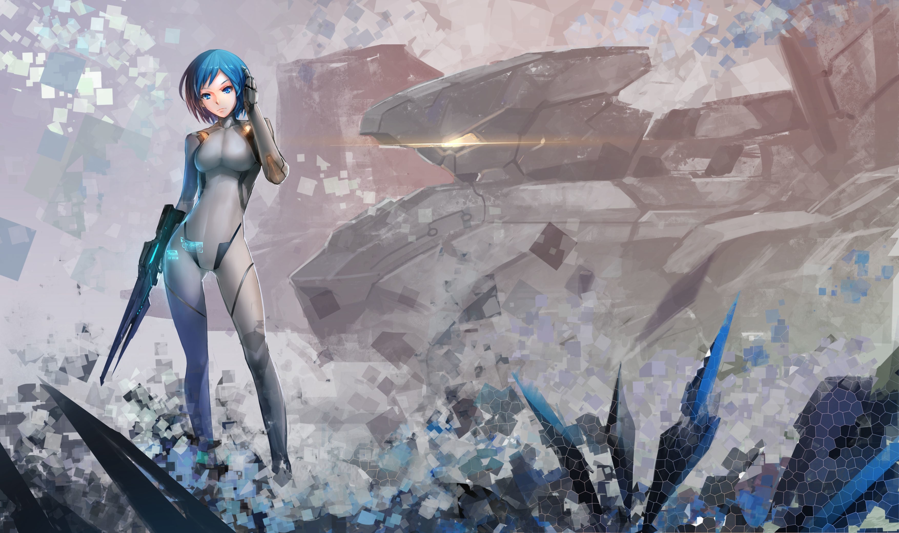 Anime girl in futuristic suit with gun near spaceship HD Wallpaper
