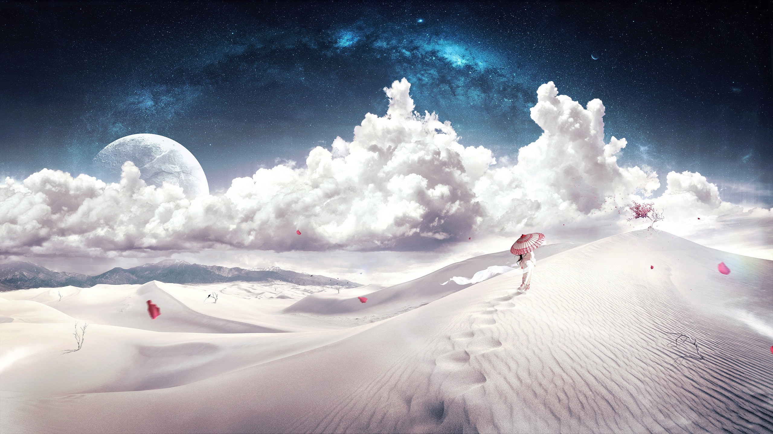 Fantasy desert landscape with a girl and an umbrella HD Wallpaper