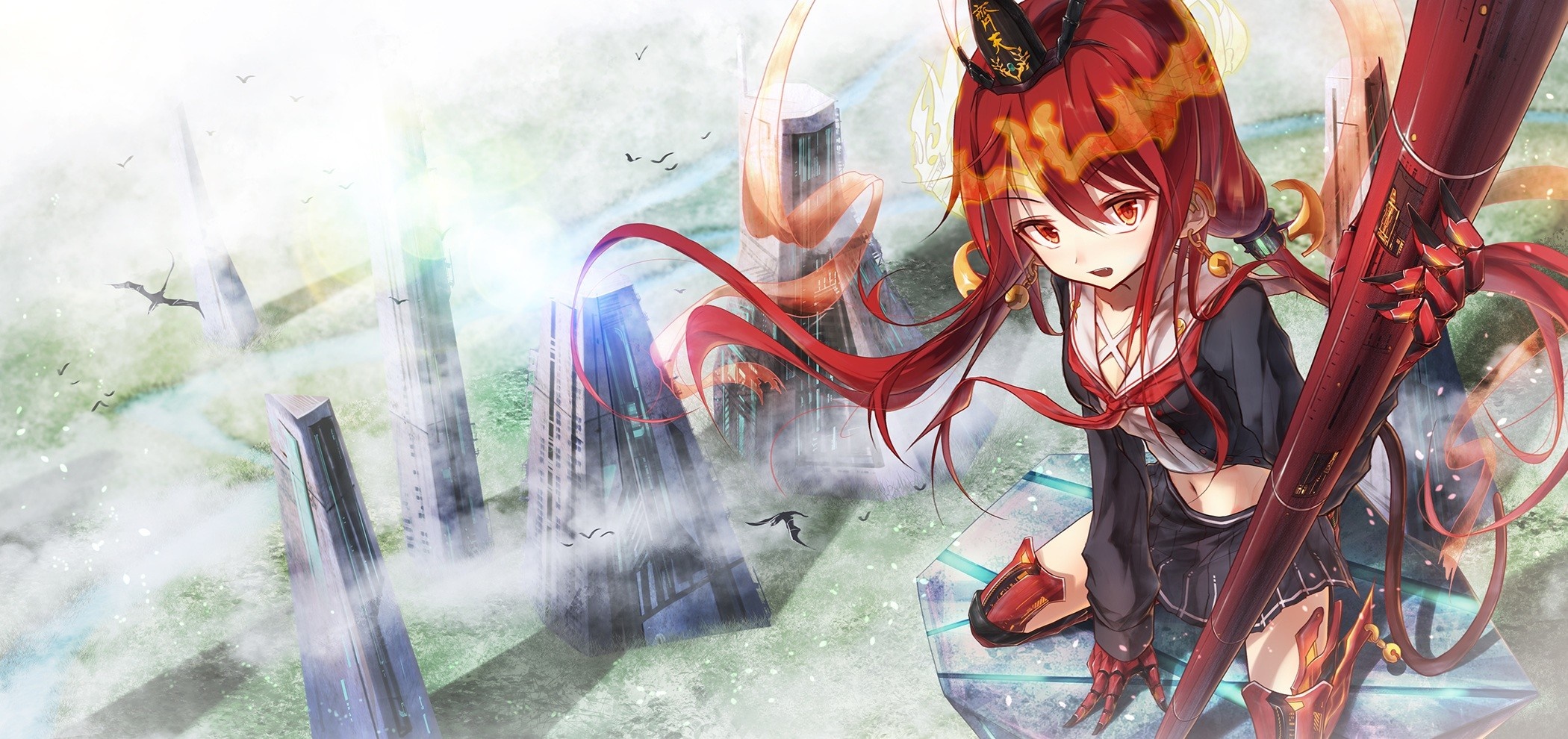 Anime girl with red hair and a large spear HD Wallpaper