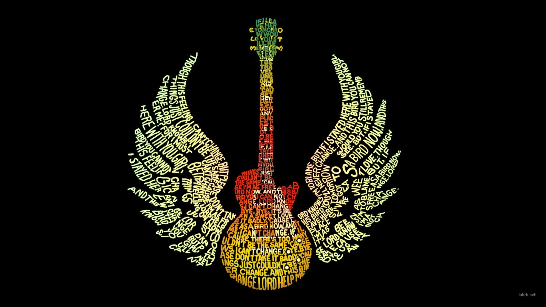 Guitar with wings made of text HD Wallpaper