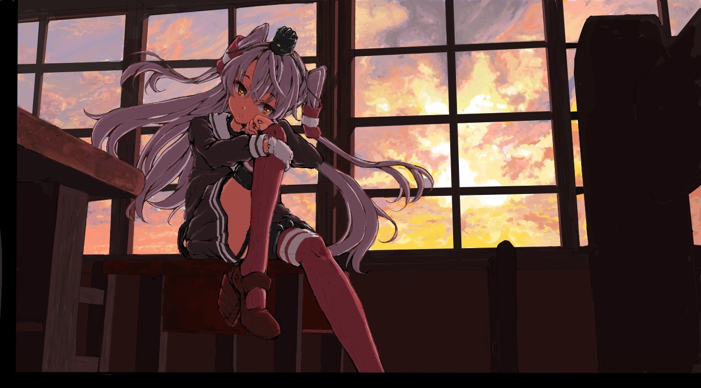 Amatsukaze from Kantai Collection in a classroom HD Wallpaper
