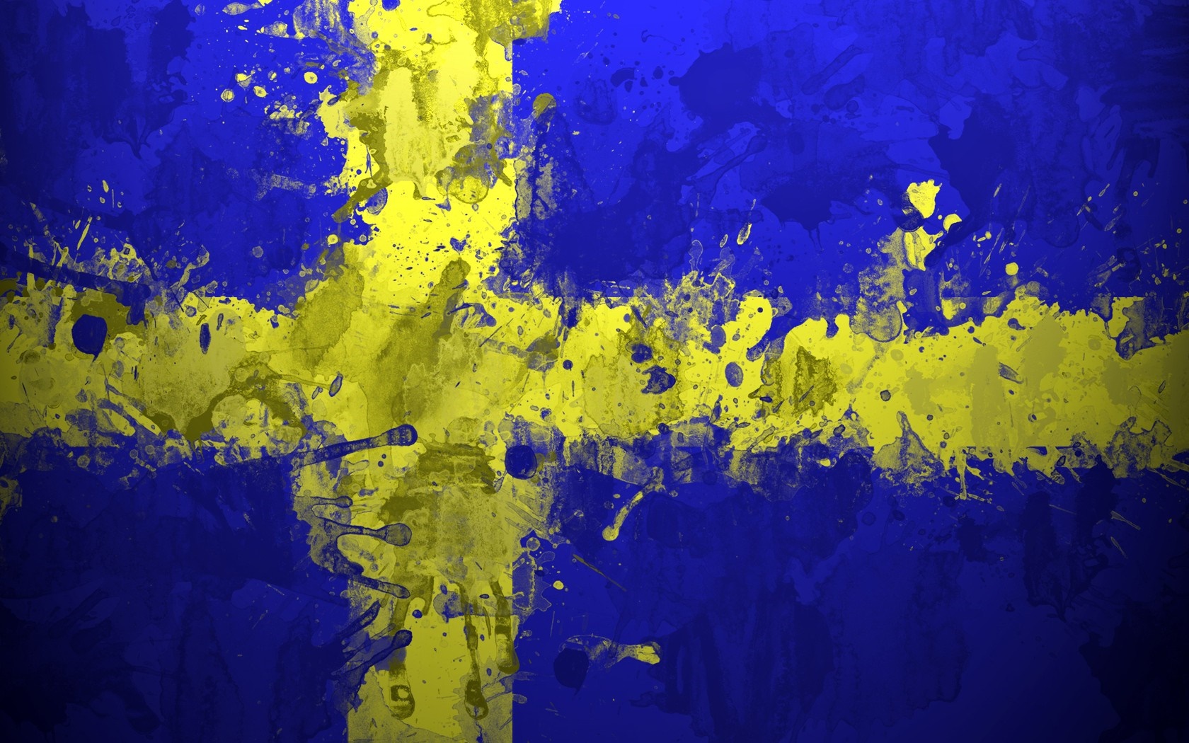 Abstract painting of the Swedish flag with paint splatters HD Wallpaper