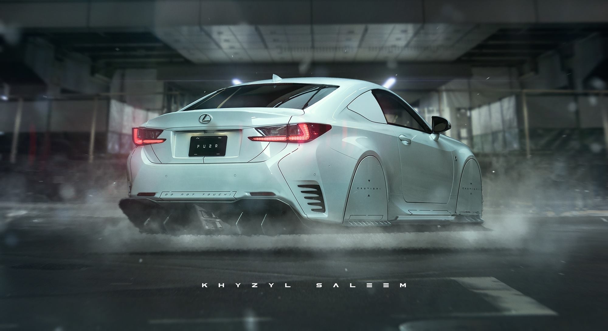 White Lexus RC F drifting in a futuristic urban environment HD Wallpaper