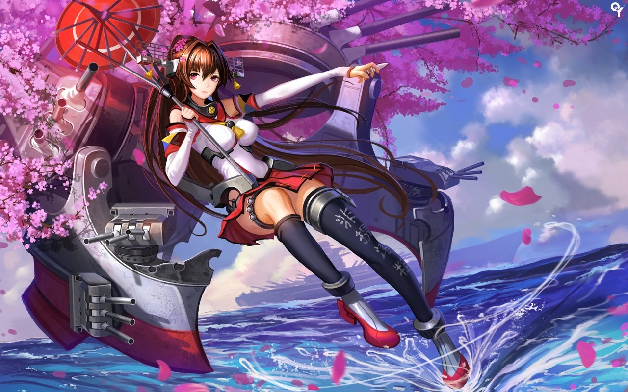 Yamato from Kantai Collection with Cherry Blossoms HD Wallpaper