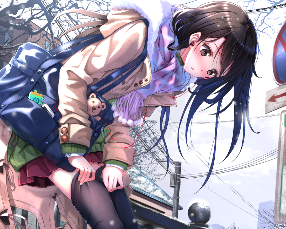 Anime girl with headphones in winter snow HD Wallpaper