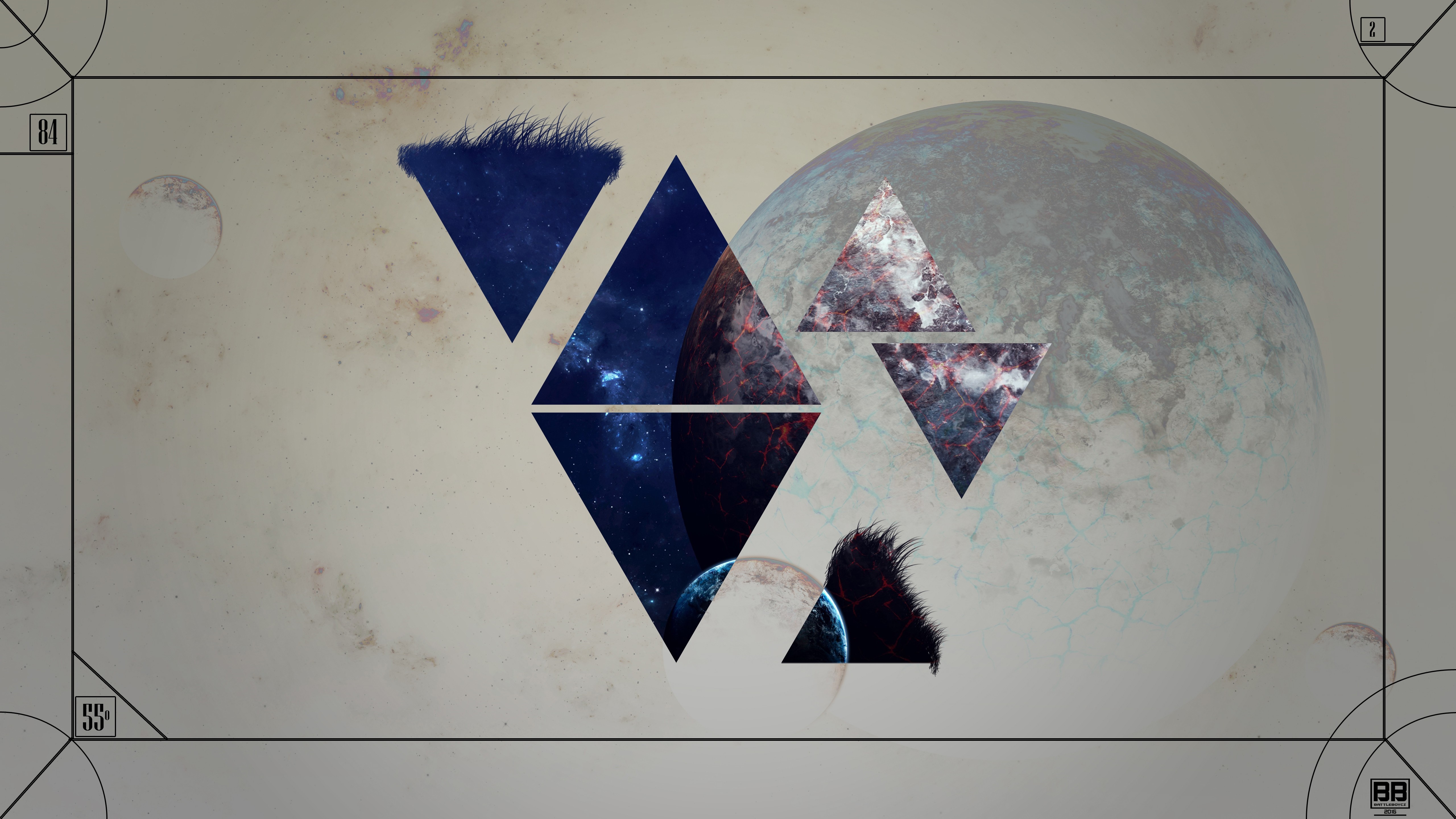 Geometric space art with planets and galaxies HD Wallpaper