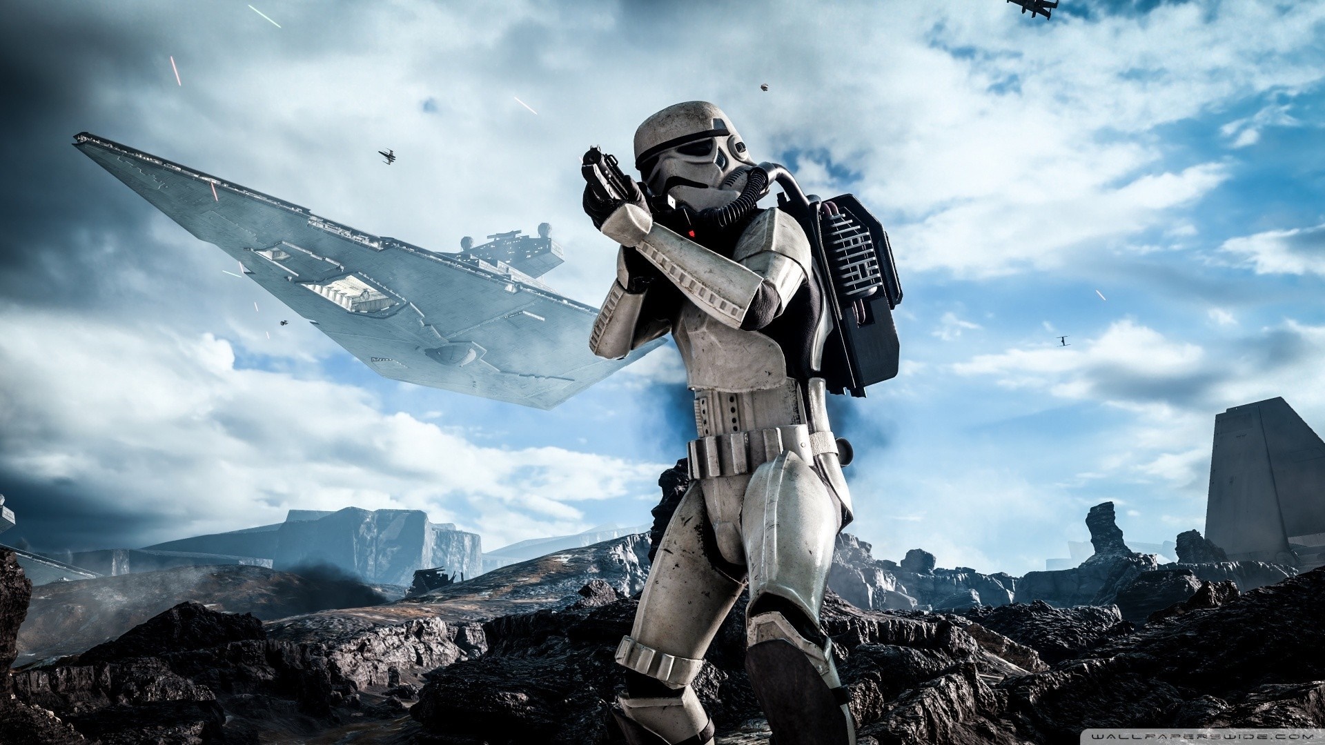 Stormtrooper from Star Wars on a rocky planet HD Wallpaper