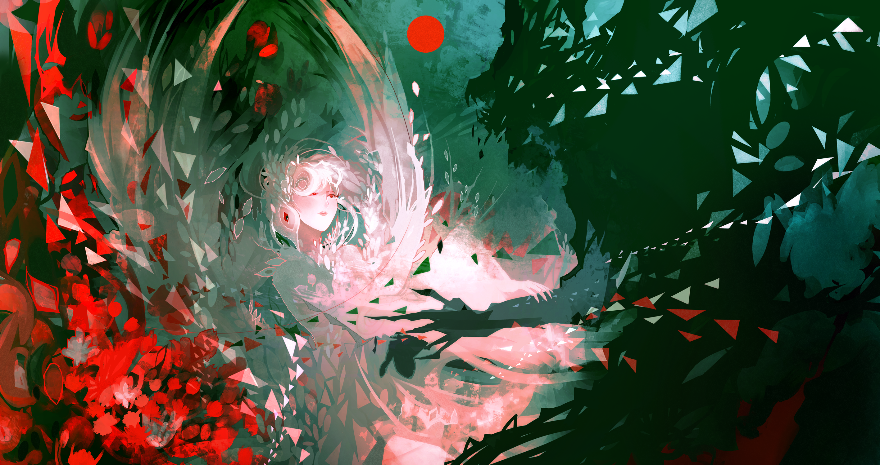 Woman with wings in a forest with red sun HD Wallpaper