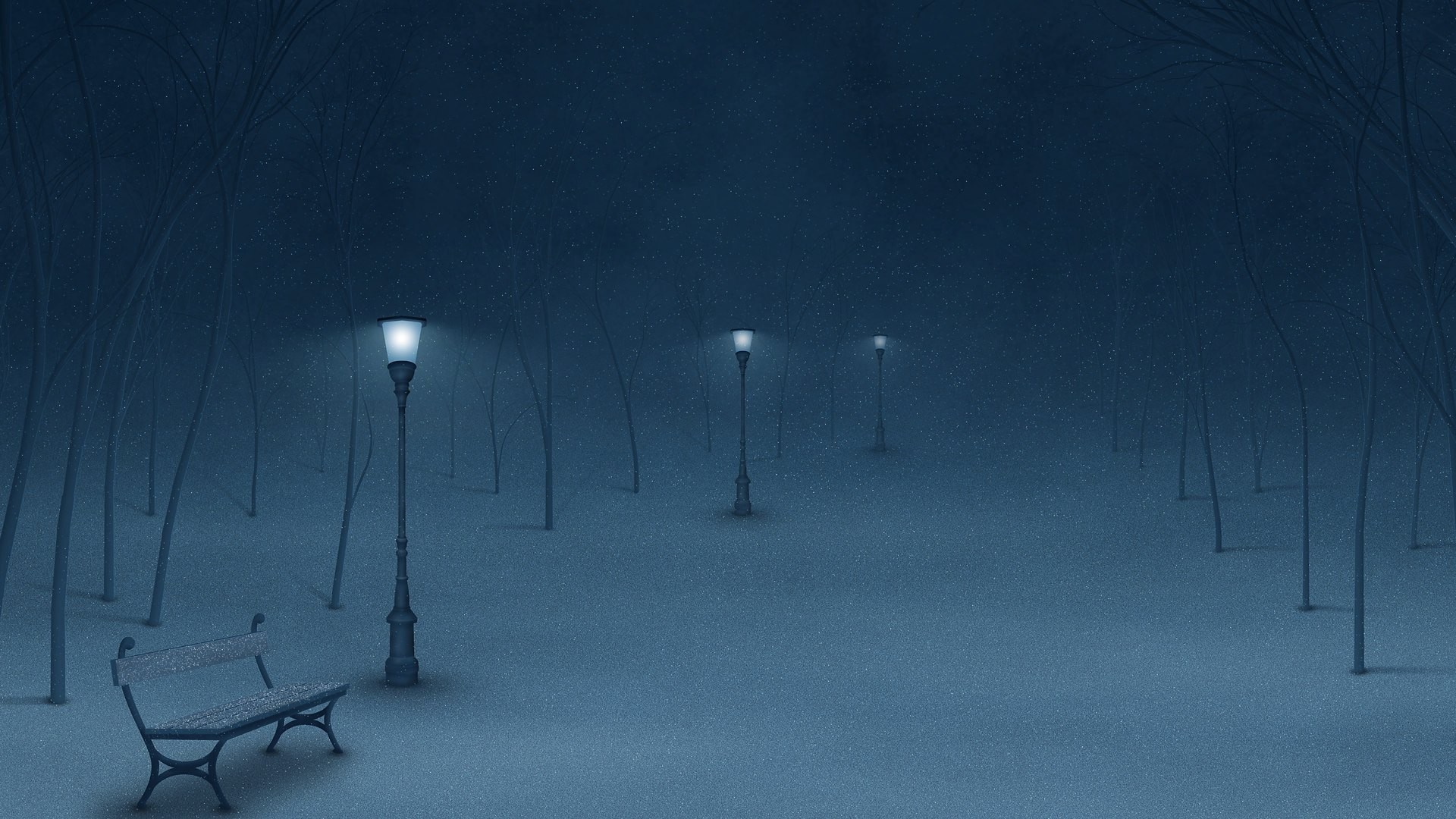 Snowy park at night with streetlights and a bench HD Wallpaper