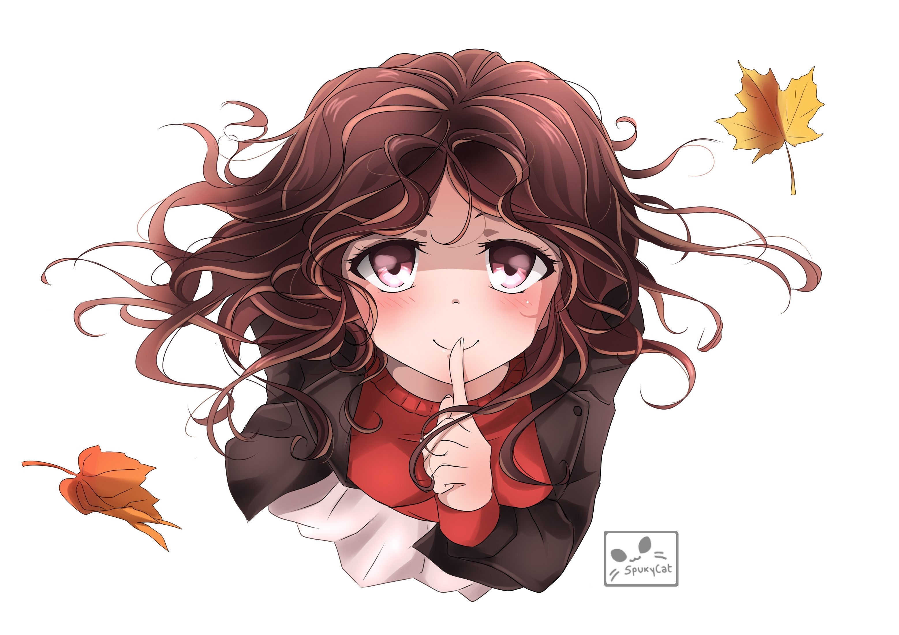 Anime girl with brown hair and autumn leaves HD Wallpaper