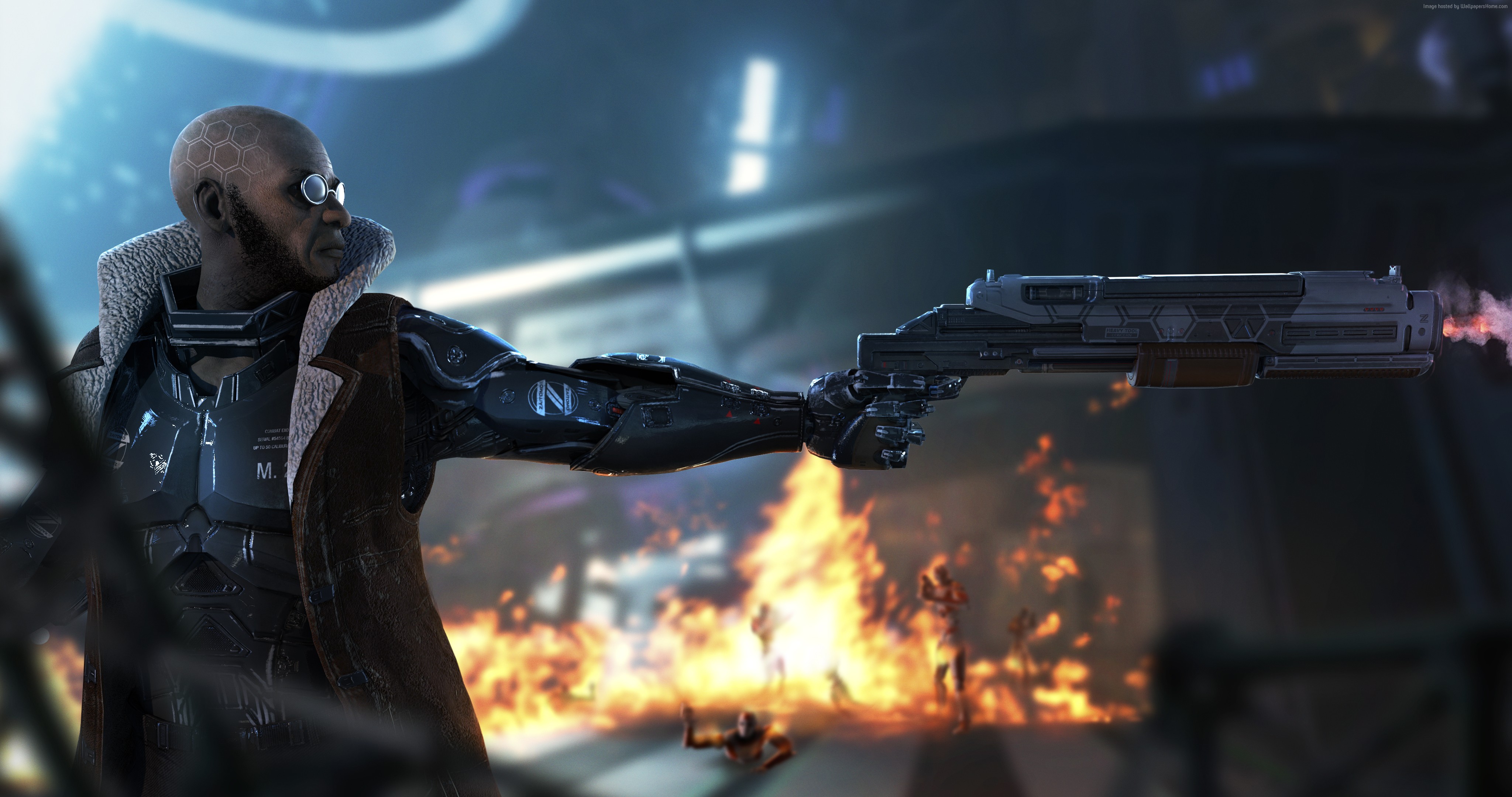 Man with cybernetic arm firing a futuristic gun HD Wallpaper