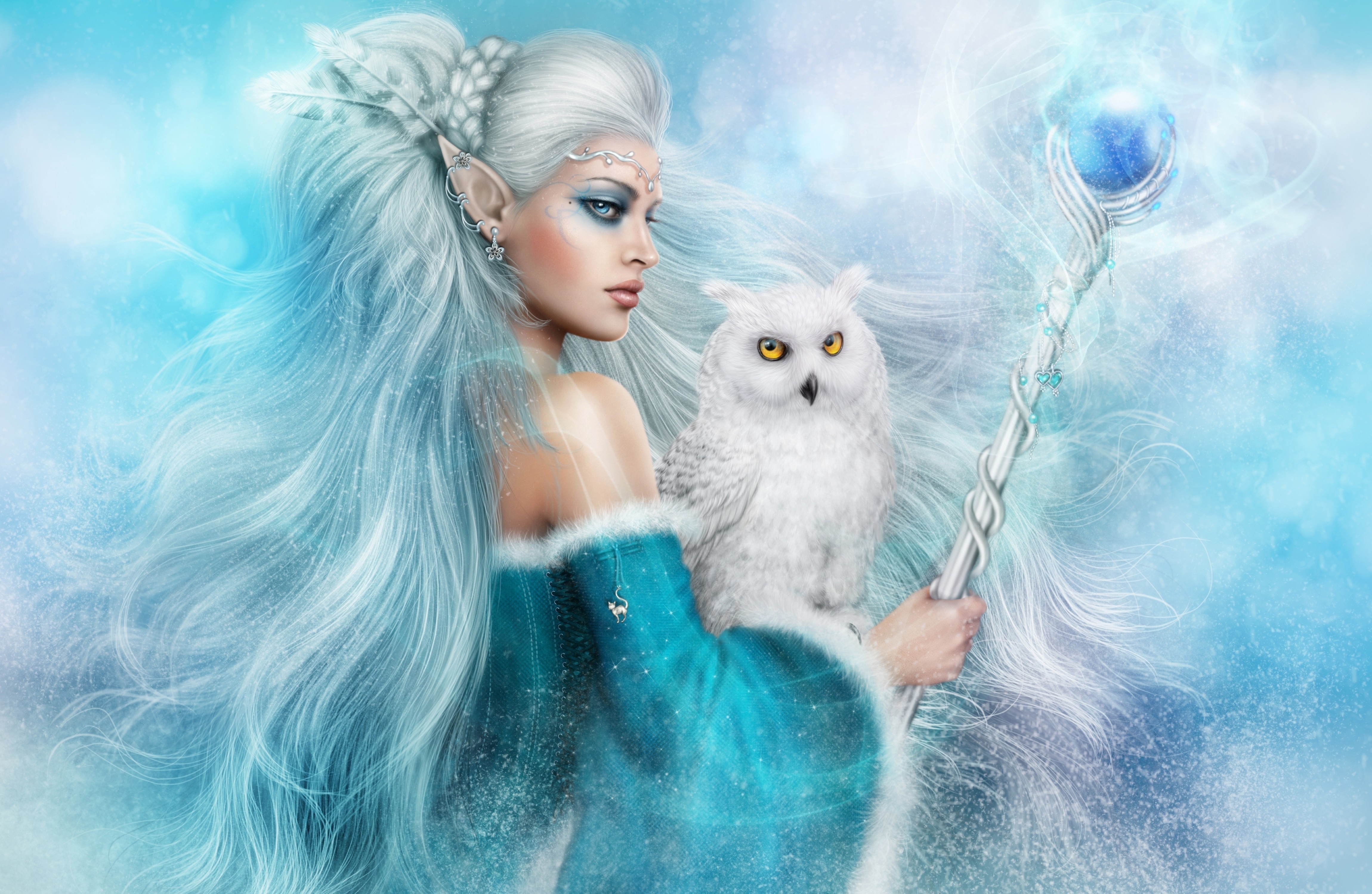 Mystical Ice Elf with White Owl and Magic Staff HD Wallpaper