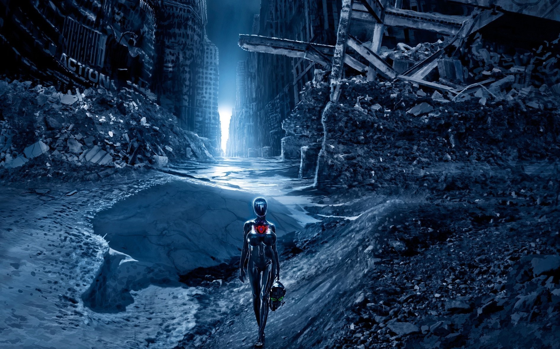 Robot in a destroyed city HD Wallpaper