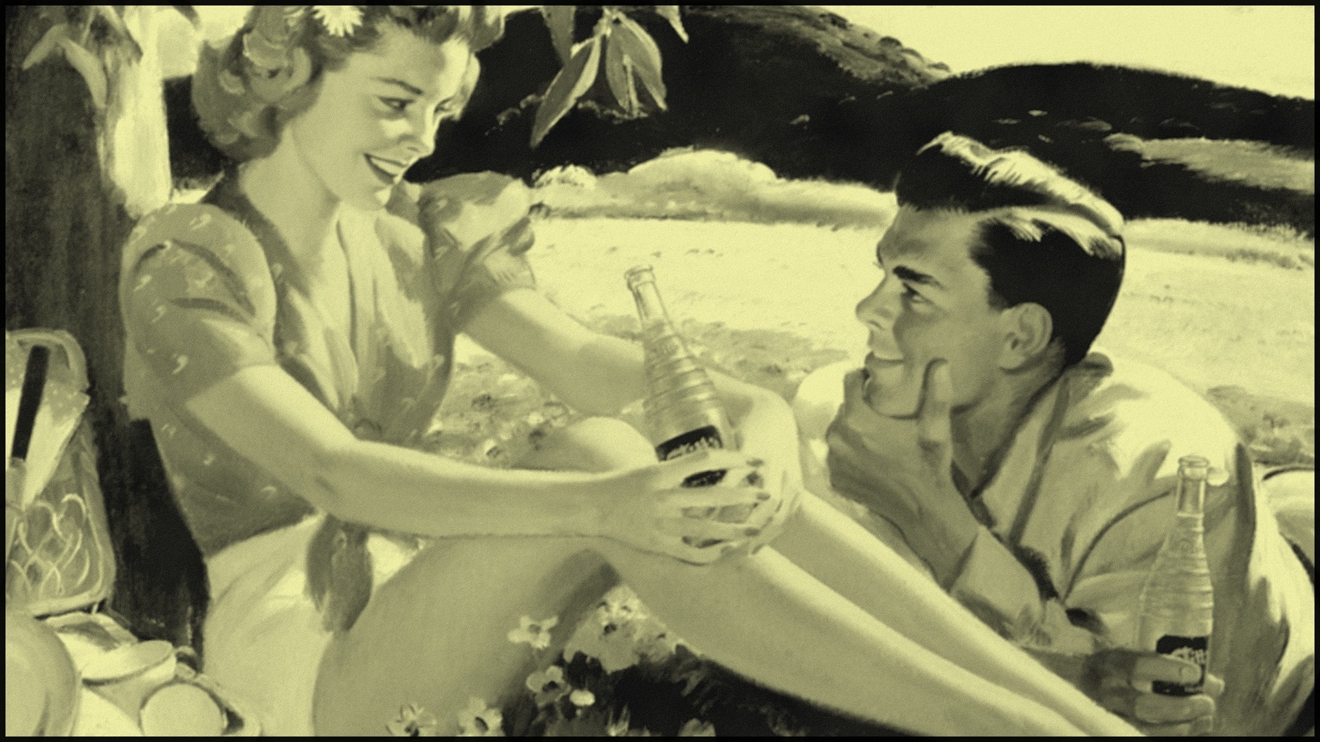 Couple having a picnic with soda bottles HD Wallpaper
