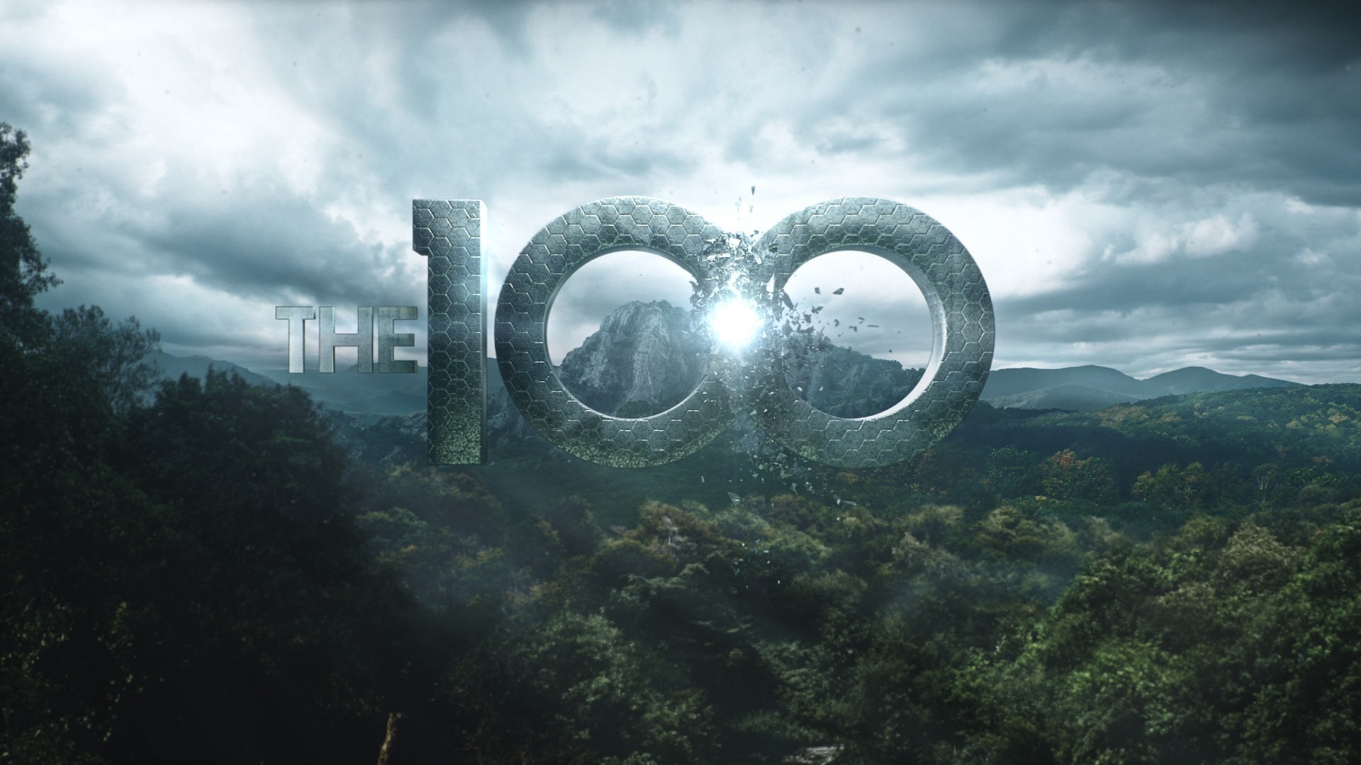 The 100 logo over a mountain landscape HD Wallpaper